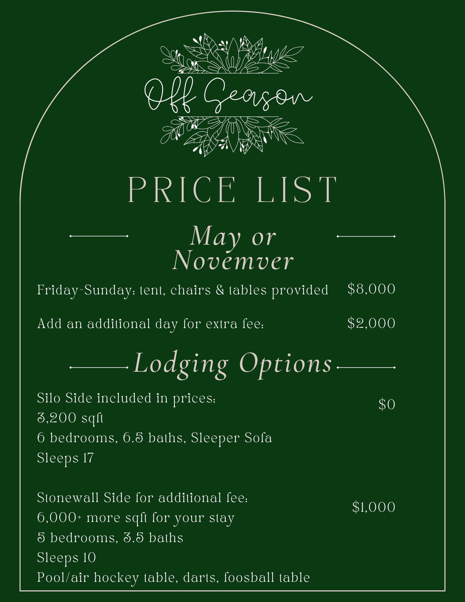 Off Season Price List for May or November with details about lodging options, prices, and amenities.