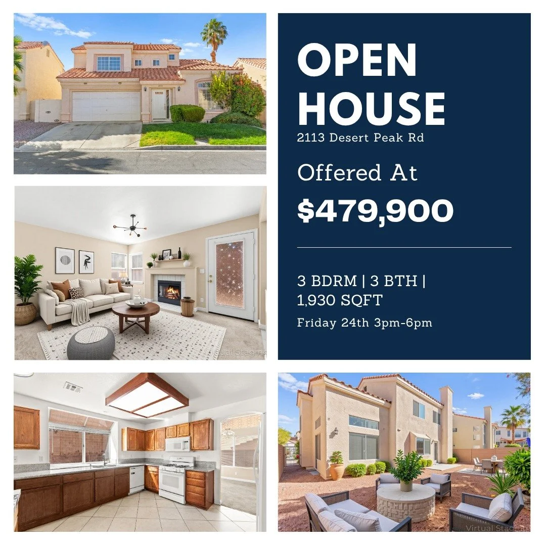 ✨ Weekend Open Houses! ✨
Come tour these incredible Las Vegas homes, there&rsquo;s something for everyone! 🏡

Friday, Oct 24 | 3&ndash;6PM
📍 2113 Desert Peak Rd &mdash; $479,900
3 Bed | 3 Bath | 1,930 SqFt

Saturday, Oct 25 | 9AM&ndash;12PM
📍 1316