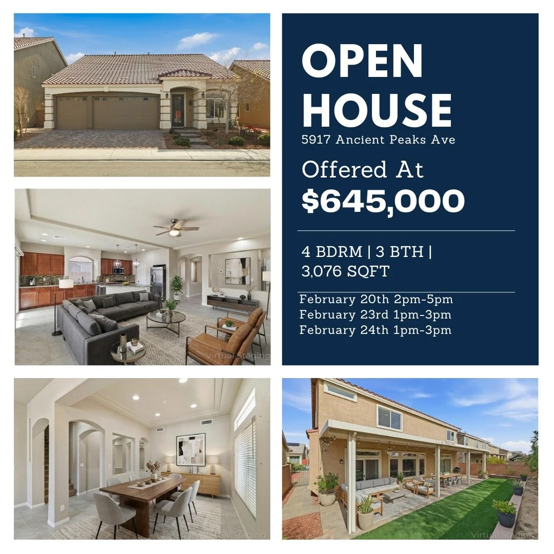 OPEN HOUSE in Southwest Las Vegas 🏡✨

📍 5917 Ancient Peaks Ave
💰 Offered at $645,000
🛏 4 Bedrooms | 🛁 3 Bathrooms
📐 3,076 Sq Ft

This home checks all the boxes, open-concept living, spacious layout, and a backyard built for relaxing or entertai