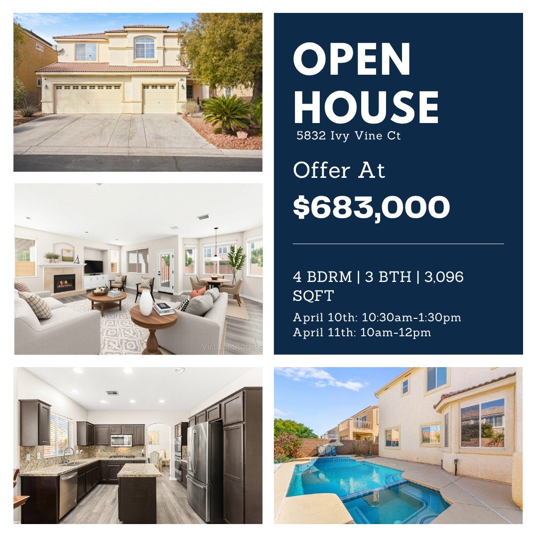 OPEN HOUSE this weekend 🏡✨

Come tour this spacious 4 bed, 3 bath home offering over 3,000 sqft of living space in a beautiful Las Vegas community. From the open-concept living areas to the private backyard with a pool &amp; spa, this one is perfect