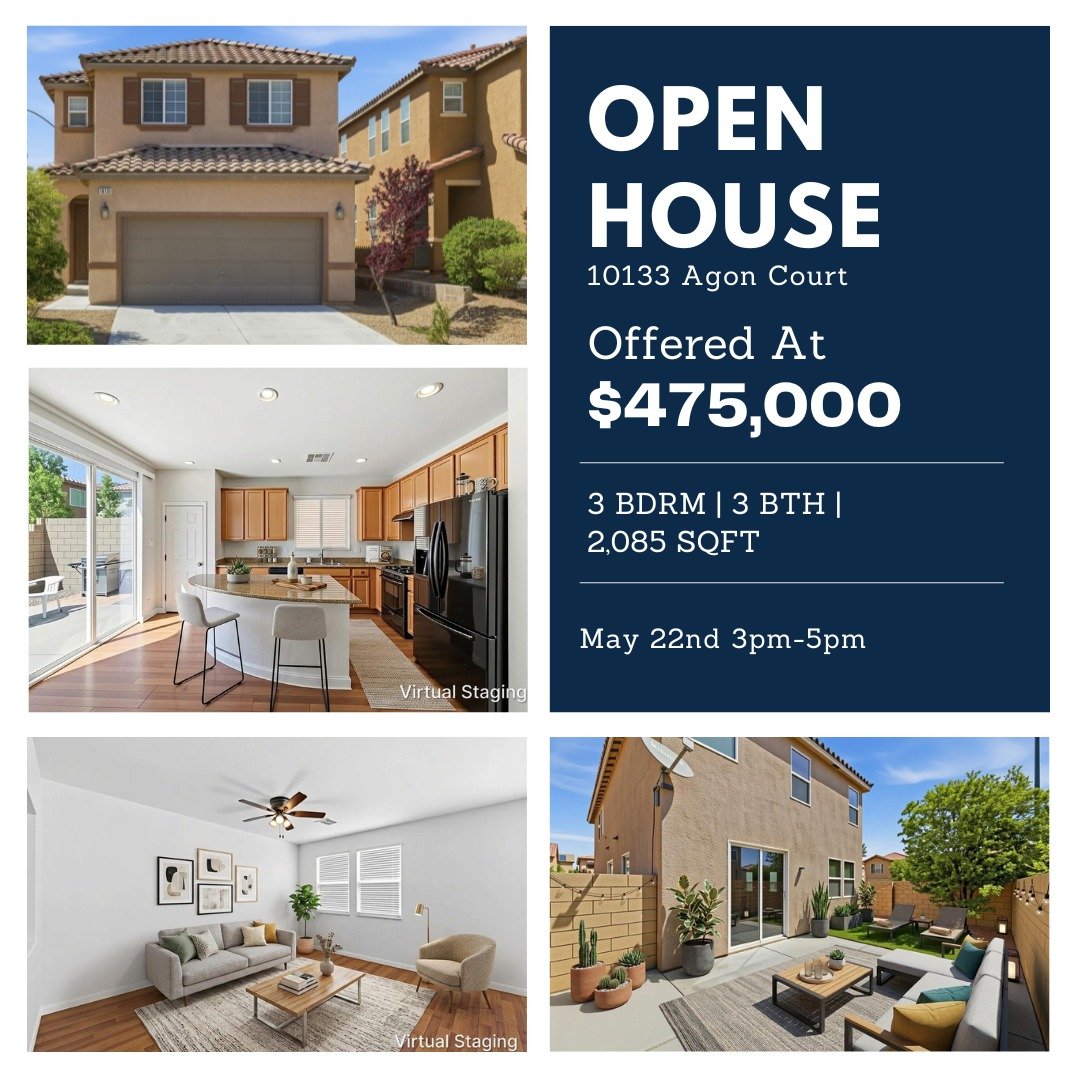 🏡 Open House Lineup!

Come tour these three homes this week:

📍 10133 Agon Court
🗓 May 22 | 3PM&ndash;5PM
💰 Offered at $475,000
3 BDRM | 3 BTH | 2,085 SQFT

📍 1181 Horizon Range Ave
🗓 May 23 | 9AM&ndash;11AM
💰 Offered at $729,900
4 BDRM | 4 BT