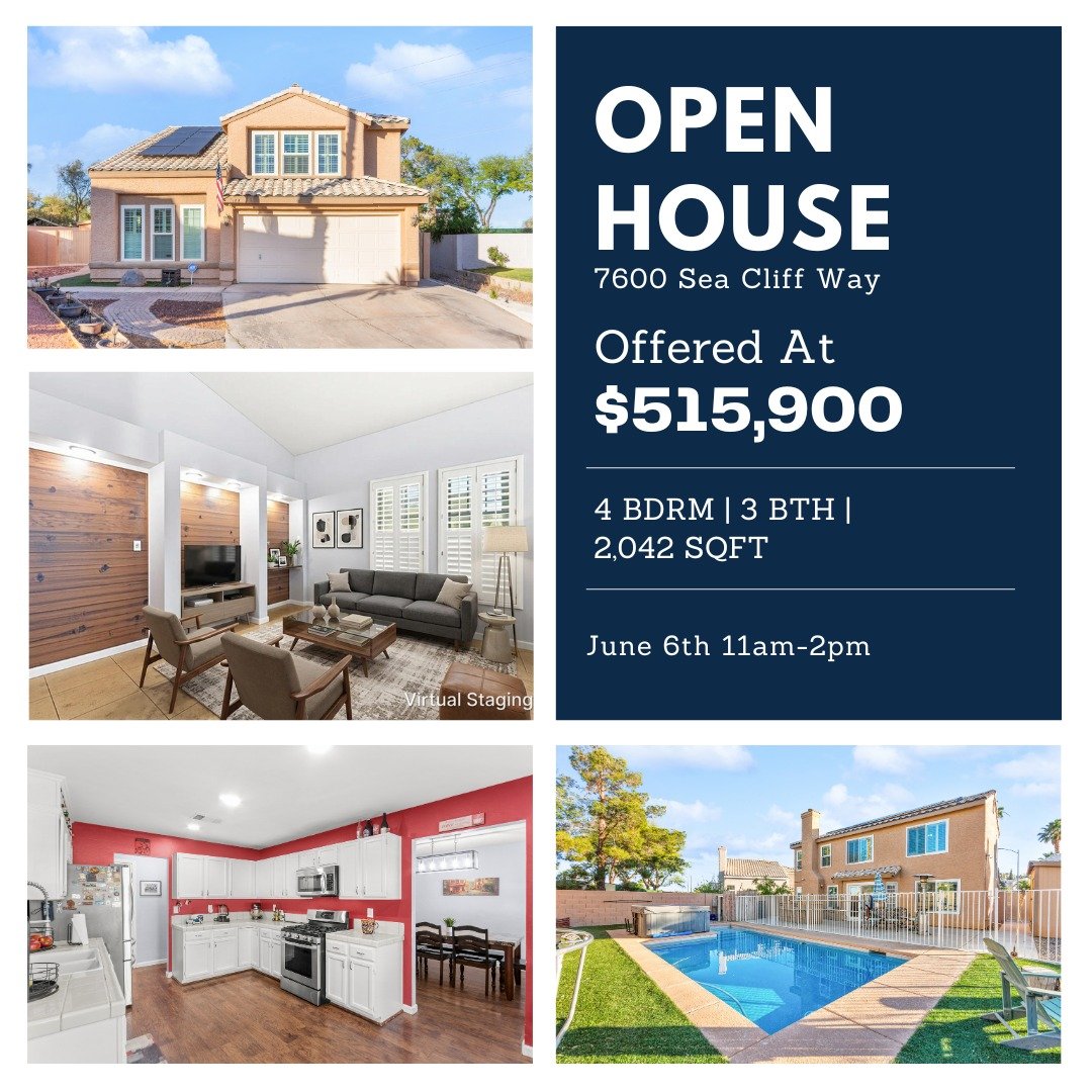 🏡 OPEN HOUSE THIS SATURDAY! 🏡

Join us and tour this beautiful home at 7600 Sea Cliff Way! Featuring 4 bedrooms, 3 bathrooms, 2,042 sq ft, and a backyard complete with a sparkling pool, this home offers the perfect blend of comfort and space for ev