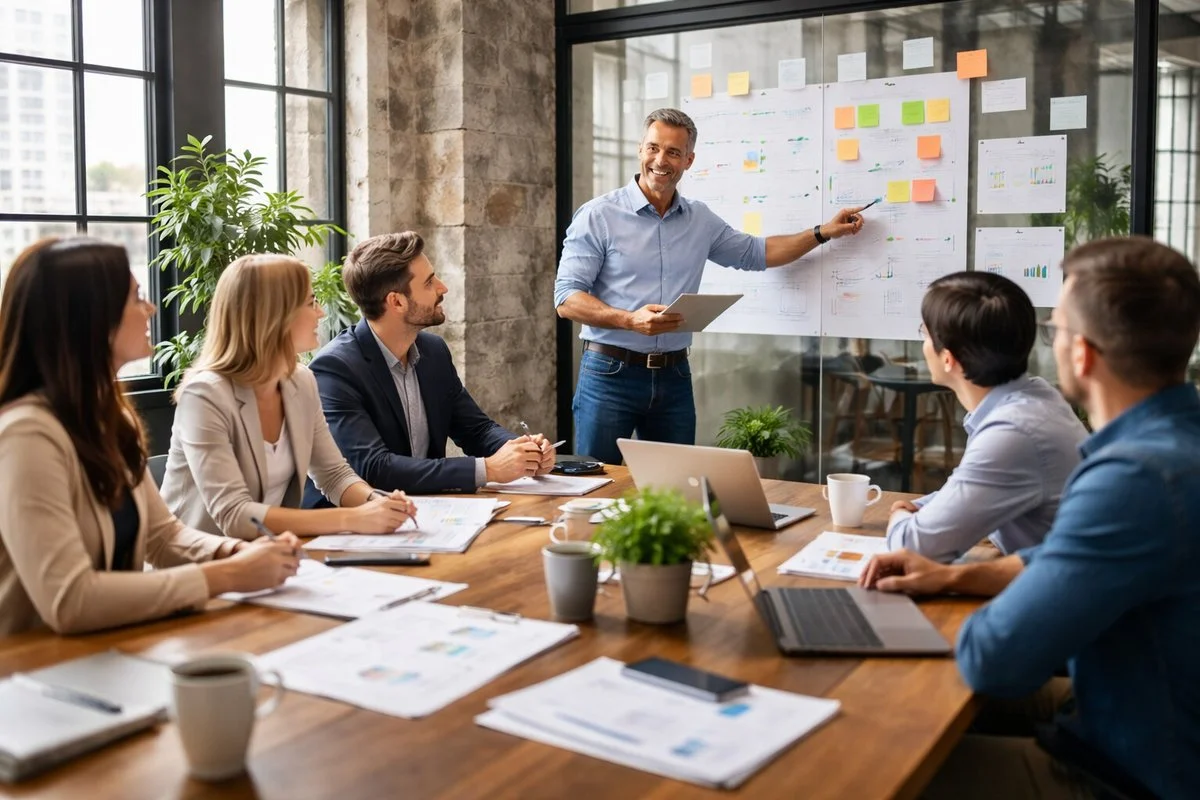 A real estate team in a modern office, discussing strategy with a leader presenting key metrics on a glass wall.