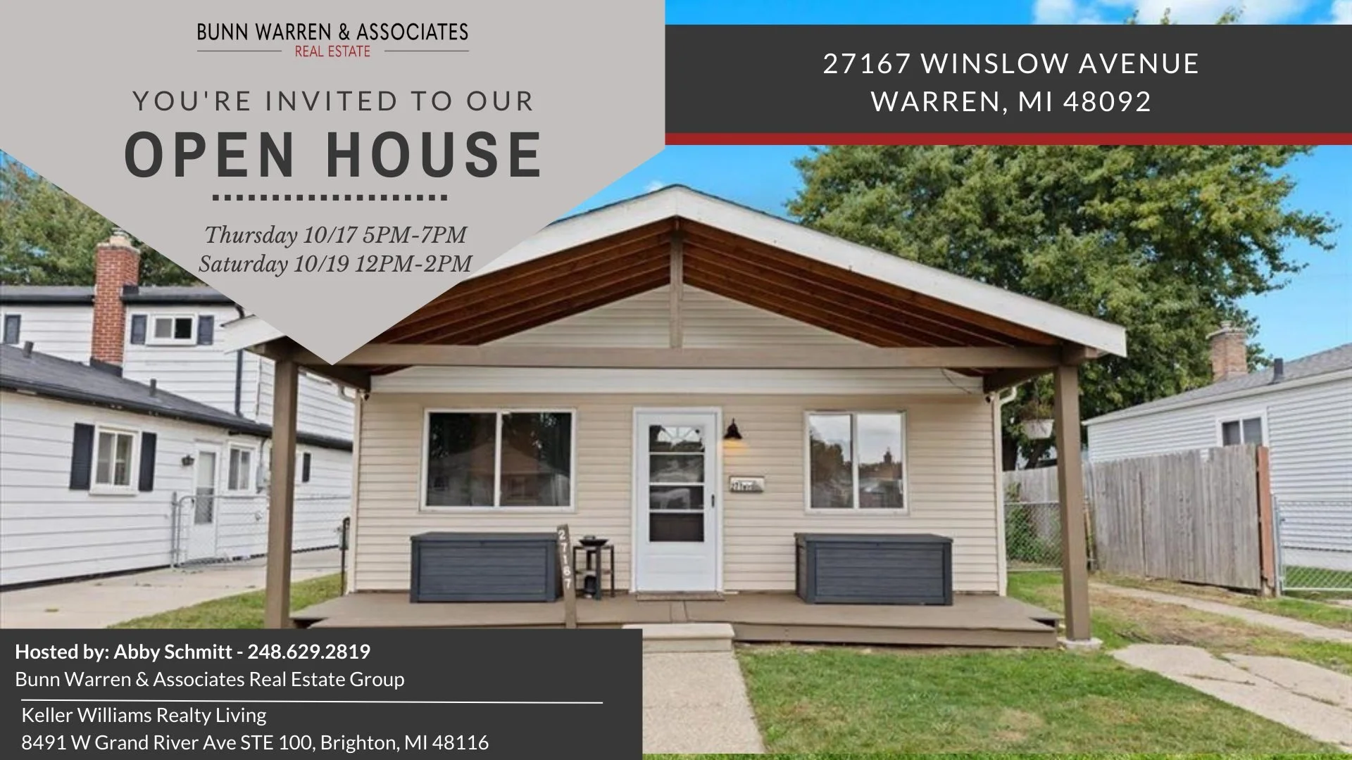 🌟 Open House Alert! 🌟
🏡 Join Us for an Open House with Abby Schmitt! 🏡
📅 Date &amp; Time: 
Thursday 10/17 5PM-7PM
Saturday 10/19 12PM-2PM
📍27167 Winslow Avenue, Warren

✨ Property Highlights: ✨
- 3 beds, 1 baths, 1,146 SQFT
- Prime location nea