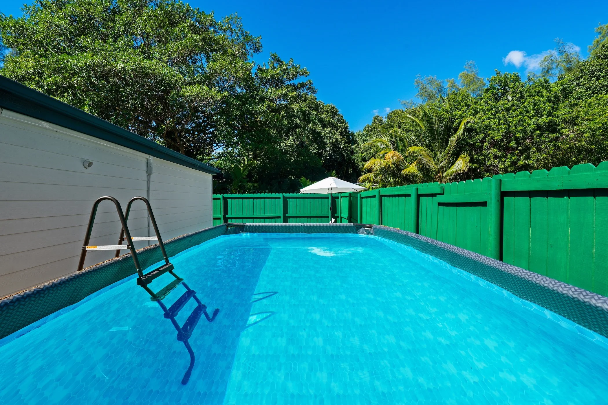 Backyard swimming pool with a metal ladder, surrounded by a green wooden fence, with trees and blue sky in the background.