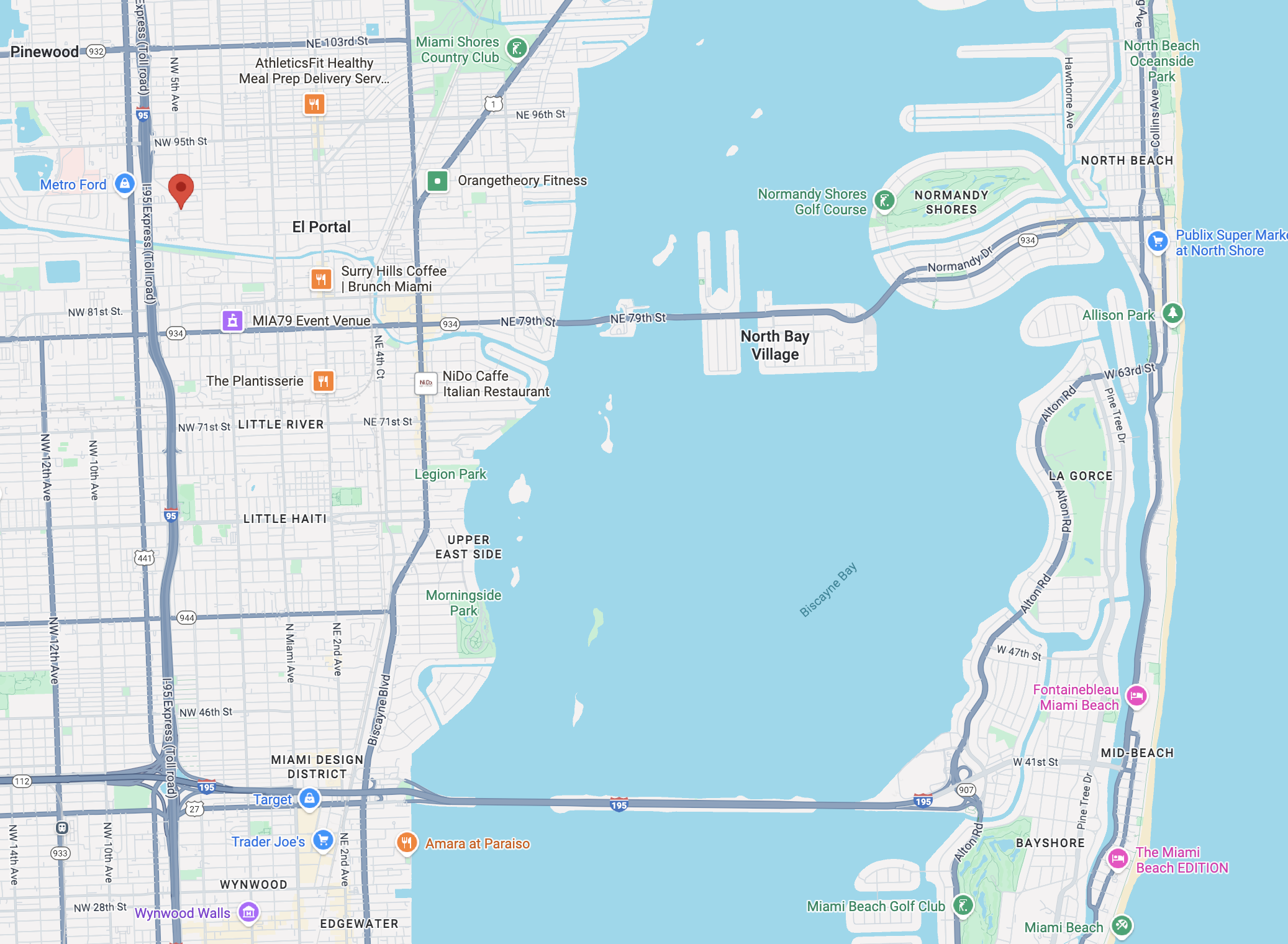 Map of Miami, Florida, showing Biscayne Bay with surrounding neighborhoods, parks, and landmarks including North Bay Village, Little Haiti, Wynwood, Edgewater, and Miami Beach. Key locations include Miami Beach Golf Club, Fontainebleau Miami Beach, and various parks and restaurants.