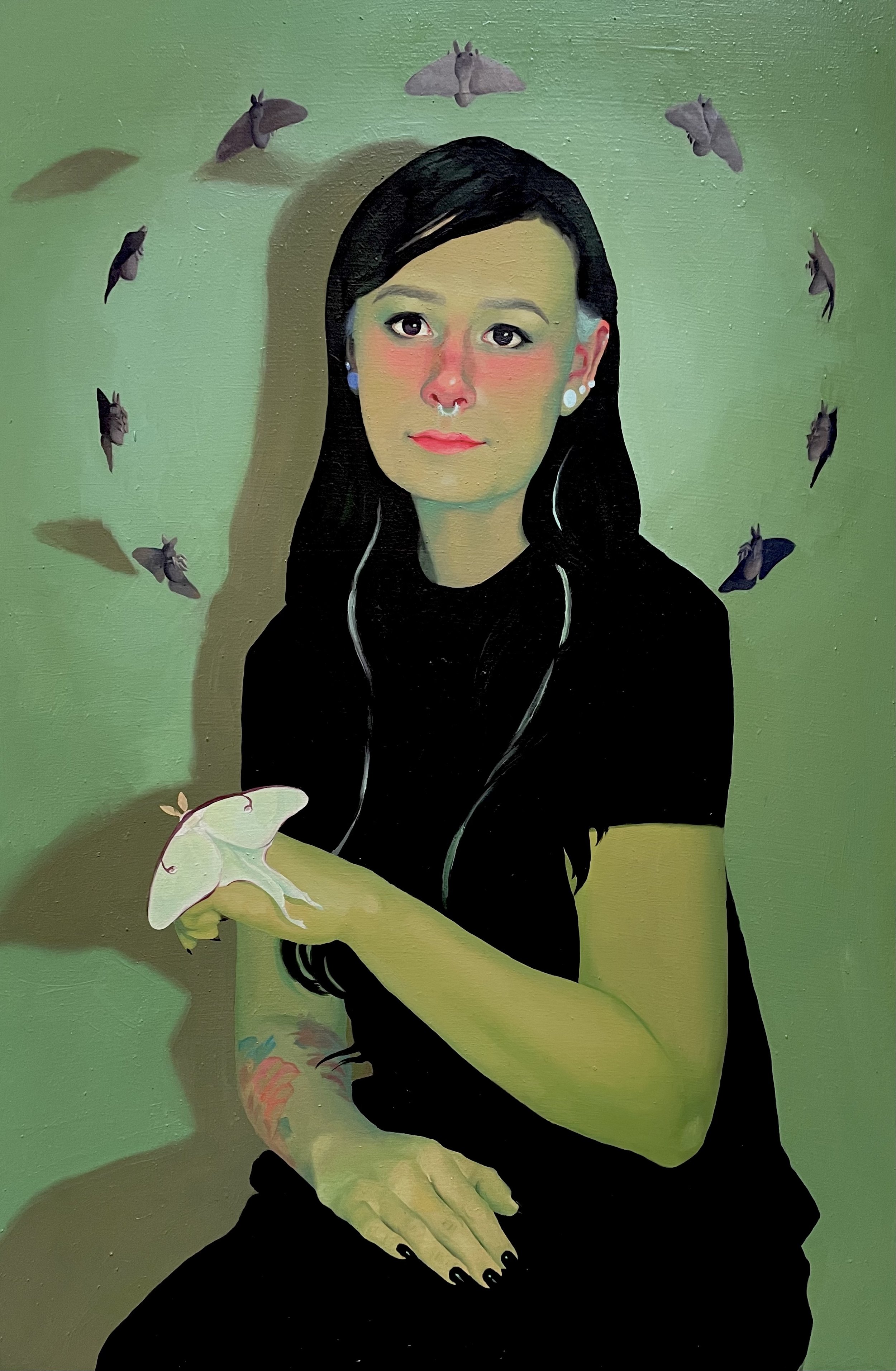 Self Portrait with Moths, 2021. Oil on masonite, 24 x 36 in.