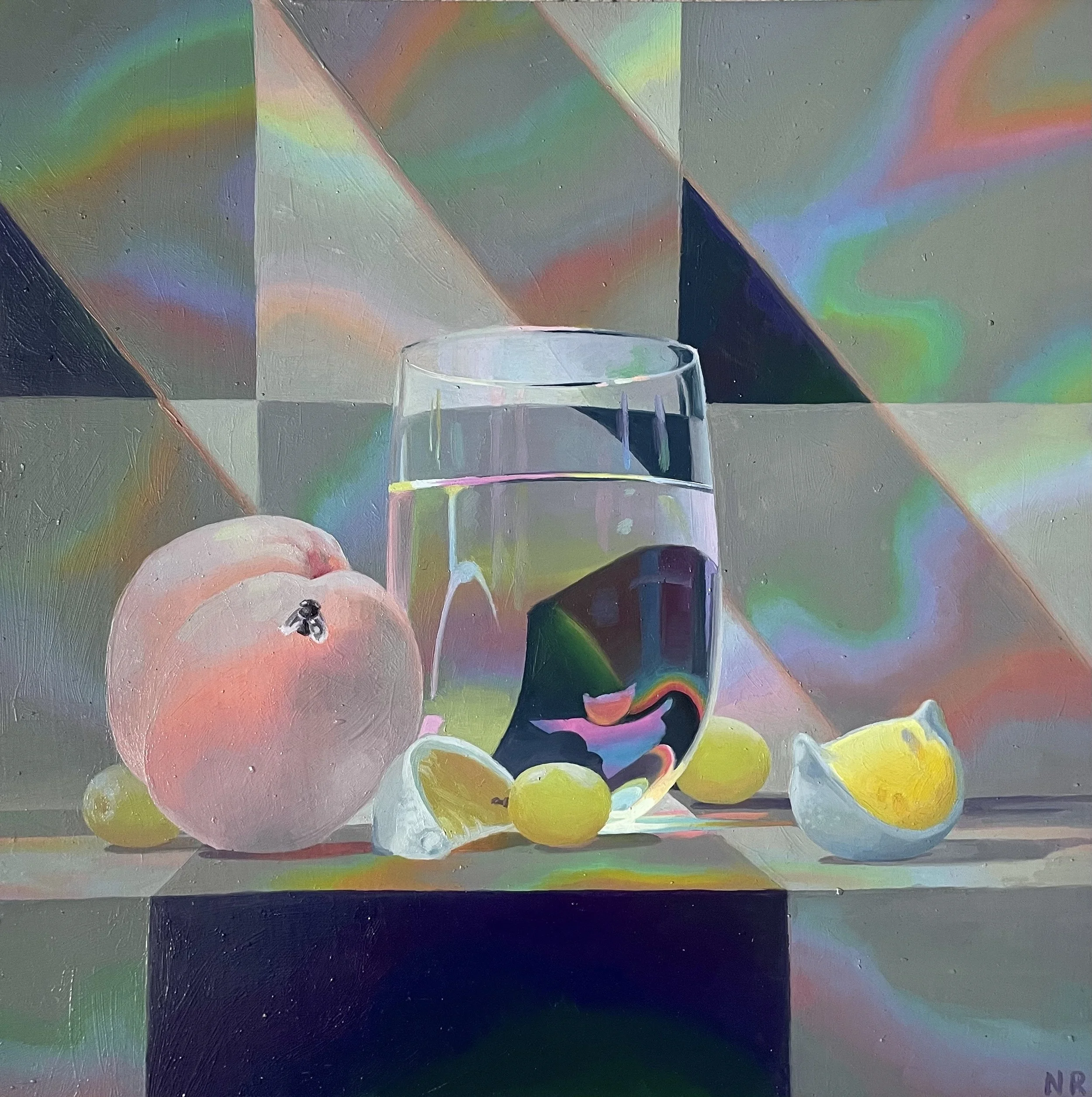 Peach Still Life, 2023. Oil on masonite, 9.75. x 9.75 in.