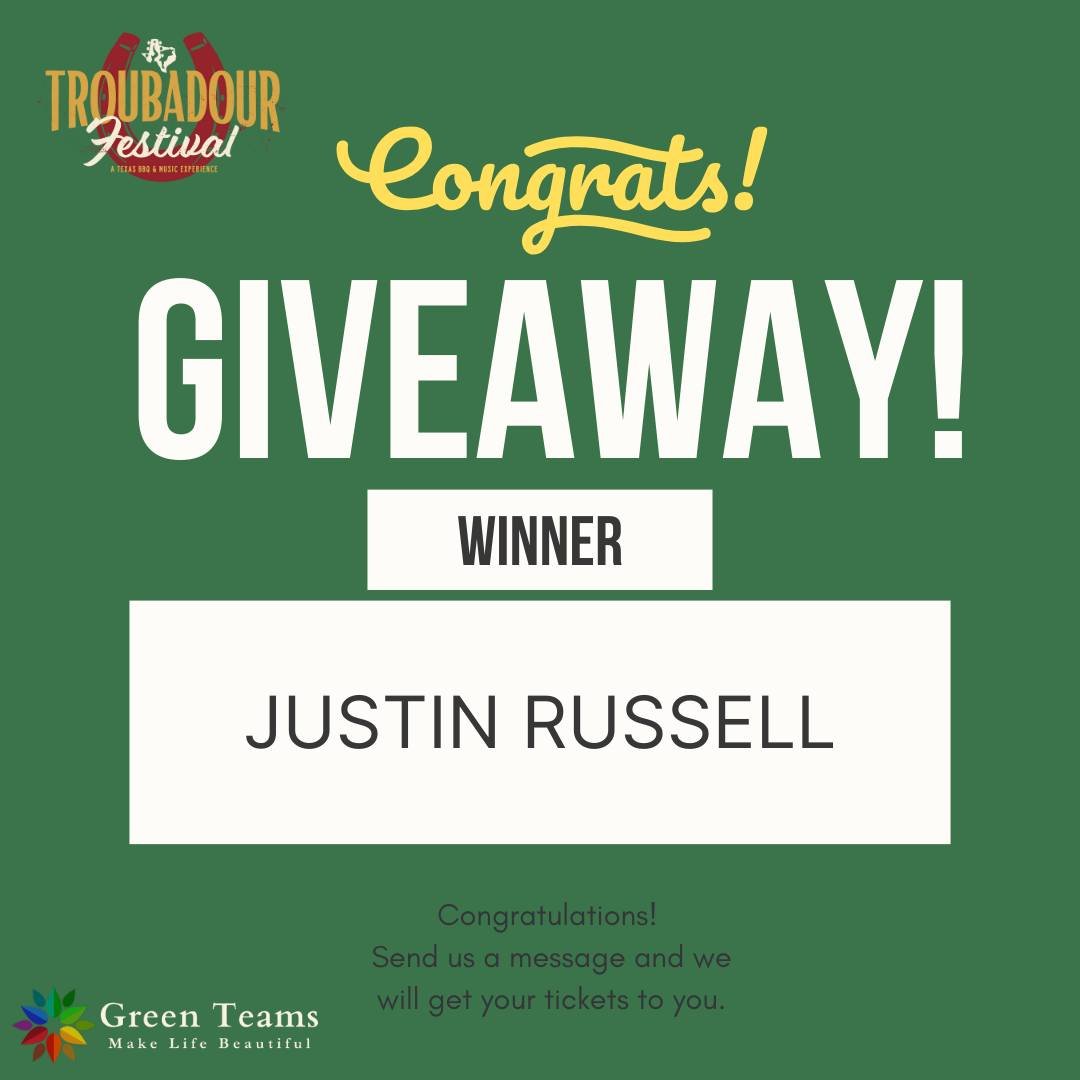 Today is the day! 🥁🥁🥁

The winner of our Troubadour Festival Ticket Giveaway is.....

JUSTIN RUSSELL 

Congratulations and thank you for participating in our giveaway! 
We hope you and your guest have a great time. 👍😁