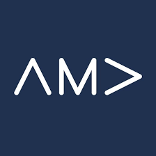 Logo with the letters 'AM' and a greater-than symbol on a dark blue background.