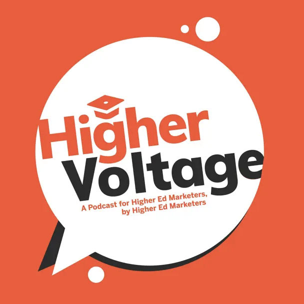 Podcast cover art for "Higher Voltage," featuring a speech bubble with orange, black, and white colors, and the title "Higher Voltage" in bold text.