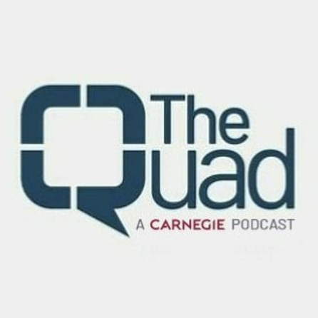 Logo for 'The Quad,' a Carnegie podcast, featuring a stylized square with rounded corners and a speech bubble tail, with the text 'The Quad' and 'A Carnegie Podcast' underneath.