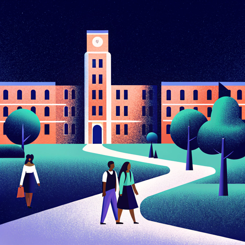 Illustration of a campus with three people walking along a curved path in front of a large brick building with a clock tower at night, under a starry sky, with trees along the path.