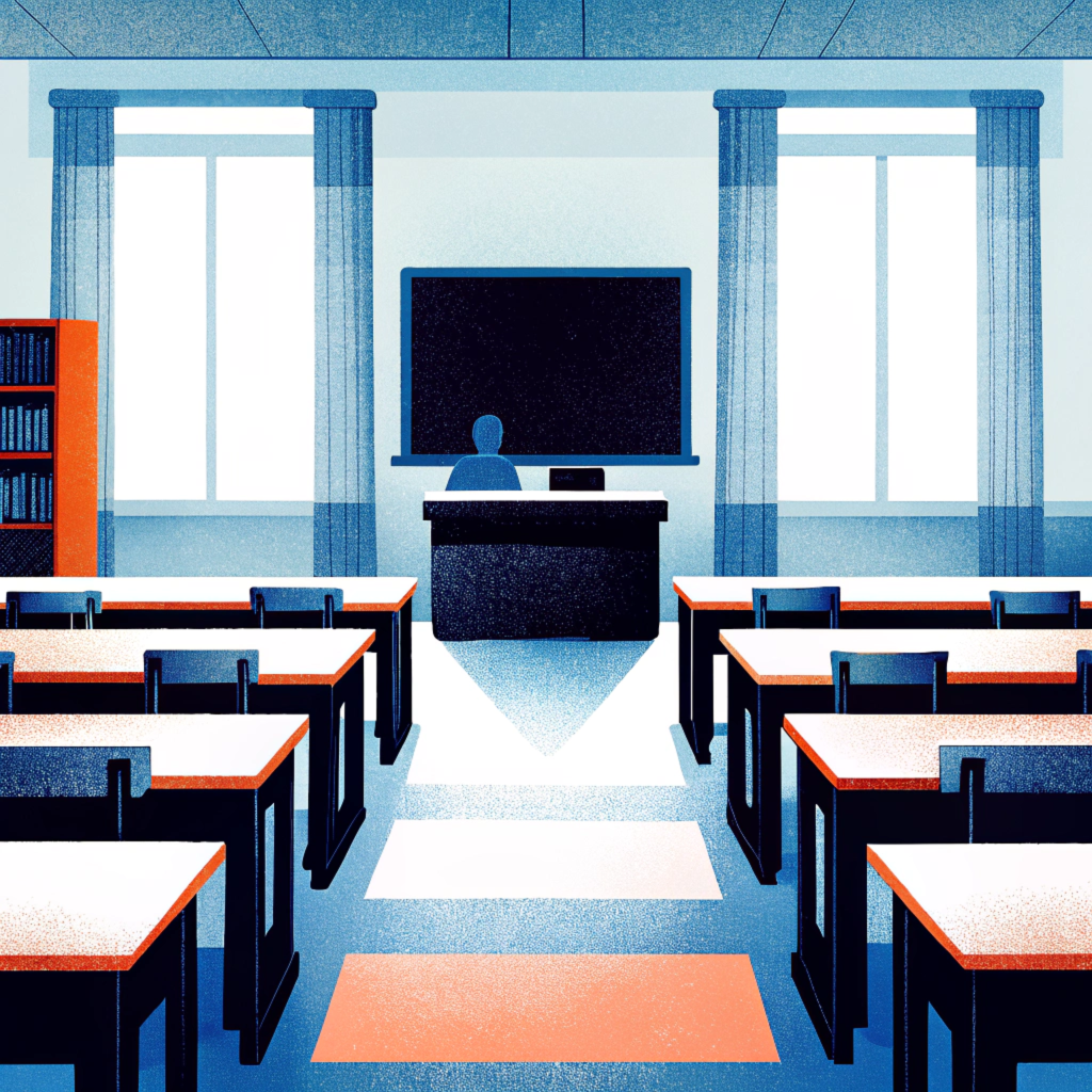 An empty classroom with rows of desks, a teacher's desk at the front, a chalkboard, and large windows with curtains.
