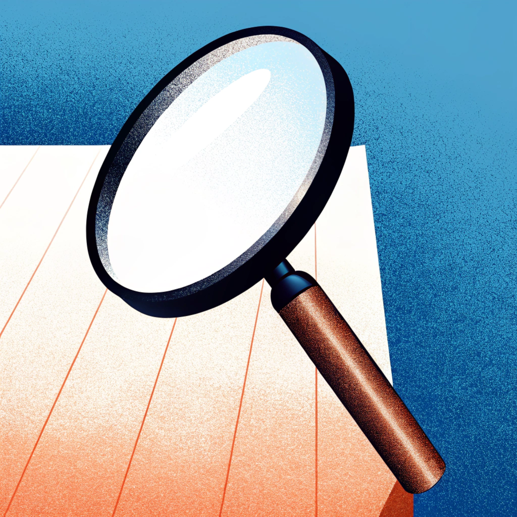 A magnifying glass resting on a wooden surface with a blue background.