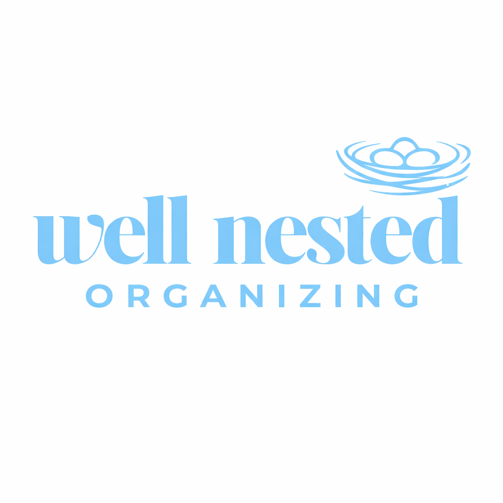 Light blue logo with the text "well nested ORGANIZING" and an illustration of a nest with eggs.