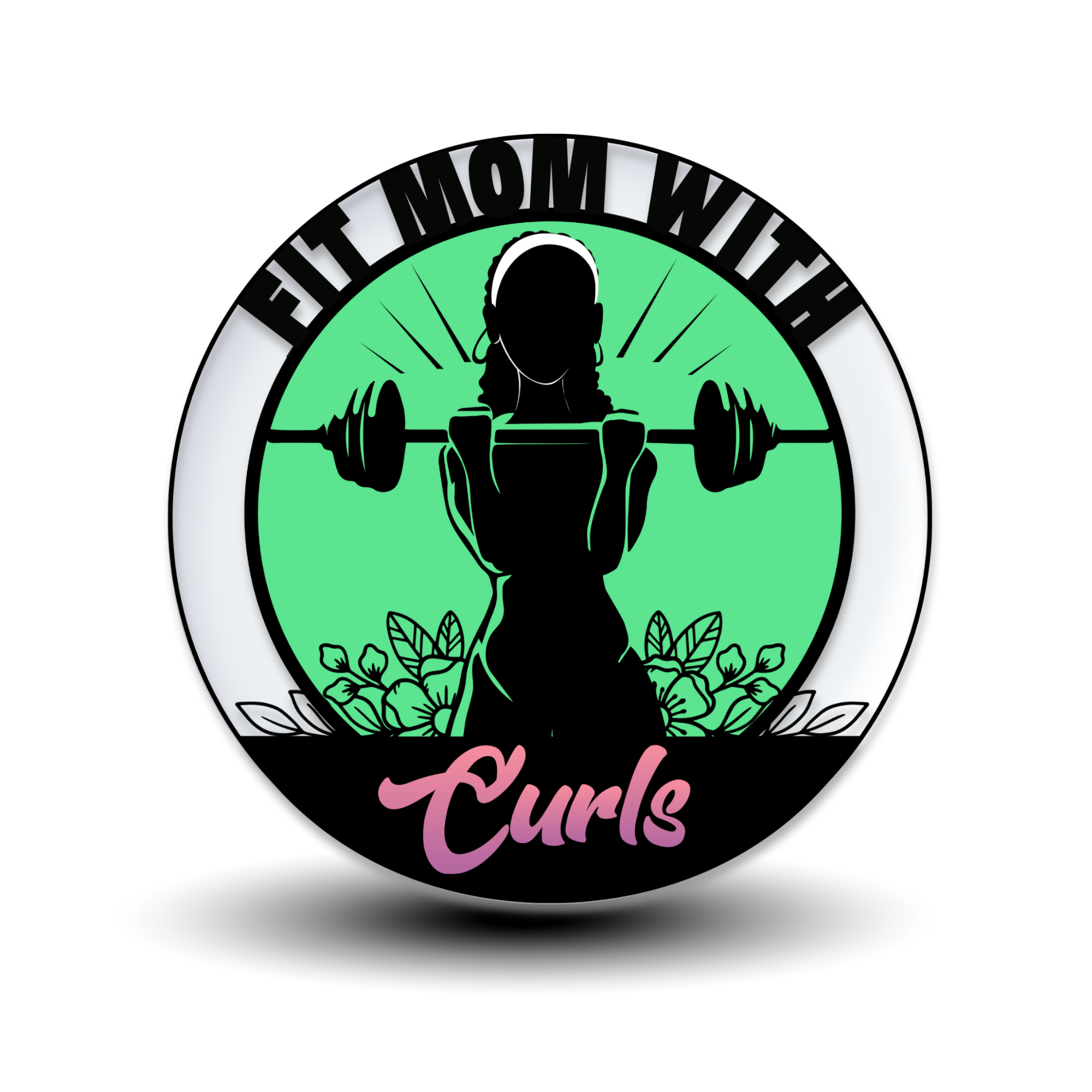 Logo for Fit Mom With Curls featuring a silhouette of a woman lifting a barbell against a green background with flowers, and the text 'Fit Mom With' at the top and 'Curls' at the bottom.