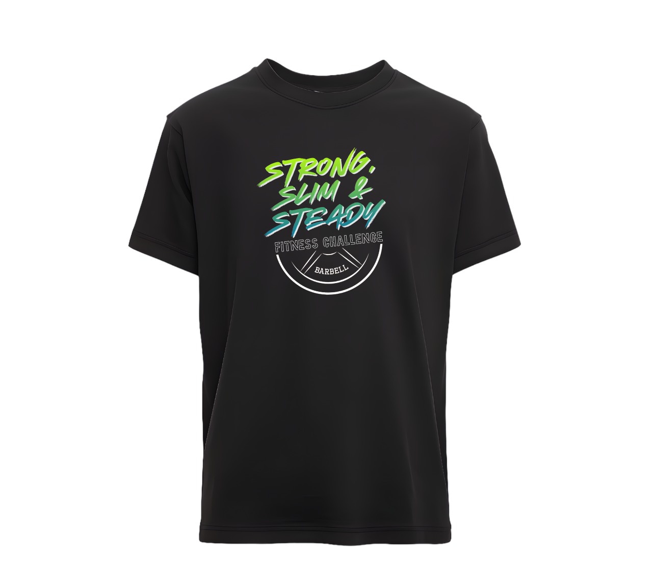 Black T-shirt with multicolored text that says 'Strong, Slim & Steady' and features a gym logo with 'Fitness Challenge' and 'Barbell' symbols.