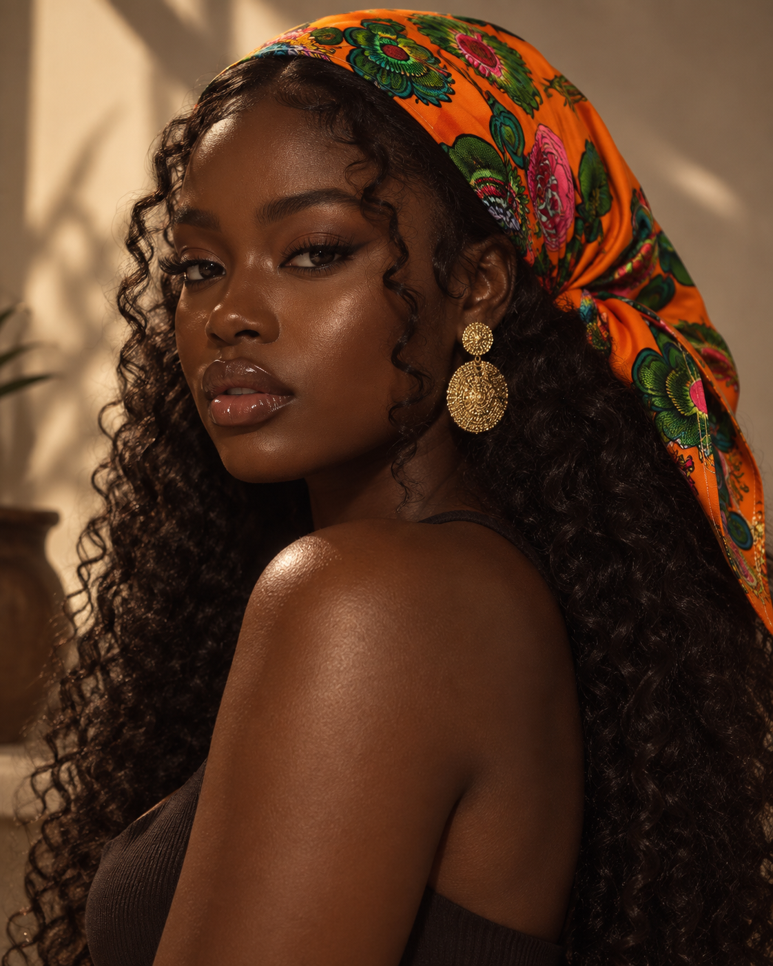 A woman with dark curly hair wearing a colorful orange headscarf with floral patterns, gold earrings, and a black top, looking over her shoulder in a warm, softly lit setting.