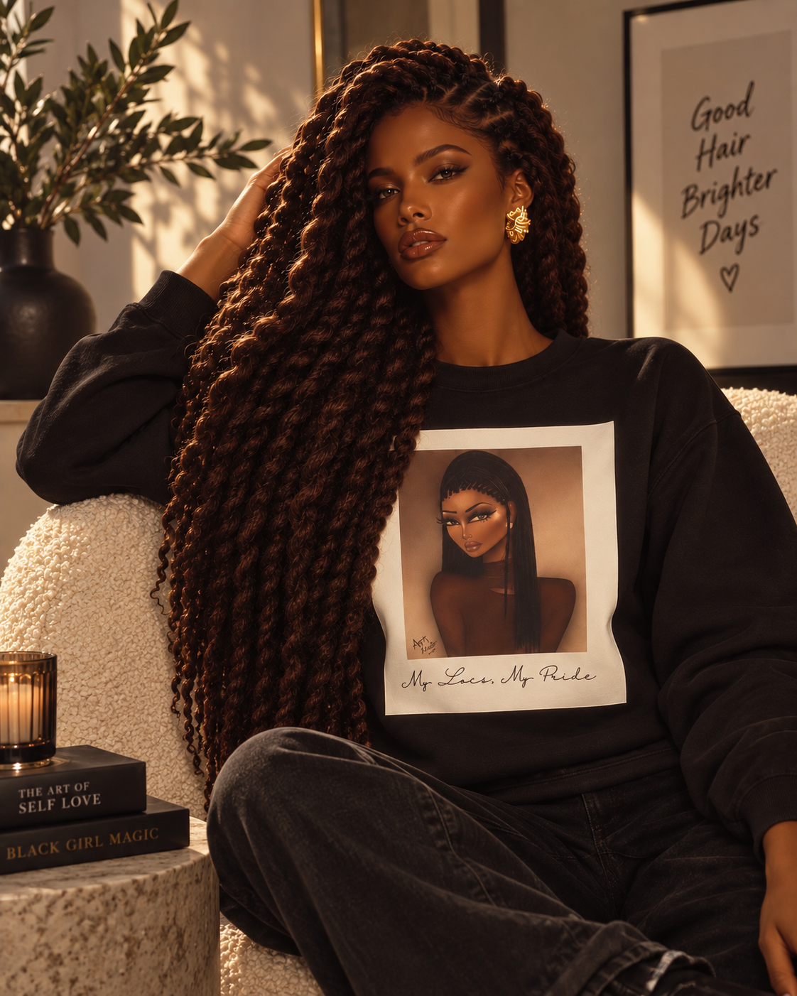 A woman with long, curly hair sits on a beige sofa, wearing a black sweatshirt with an illustration of a woman on it and gold earrings. Behind her, there is a framed sign that says "Good Hair Brighter Days" and a poster on a side table that reads "Th