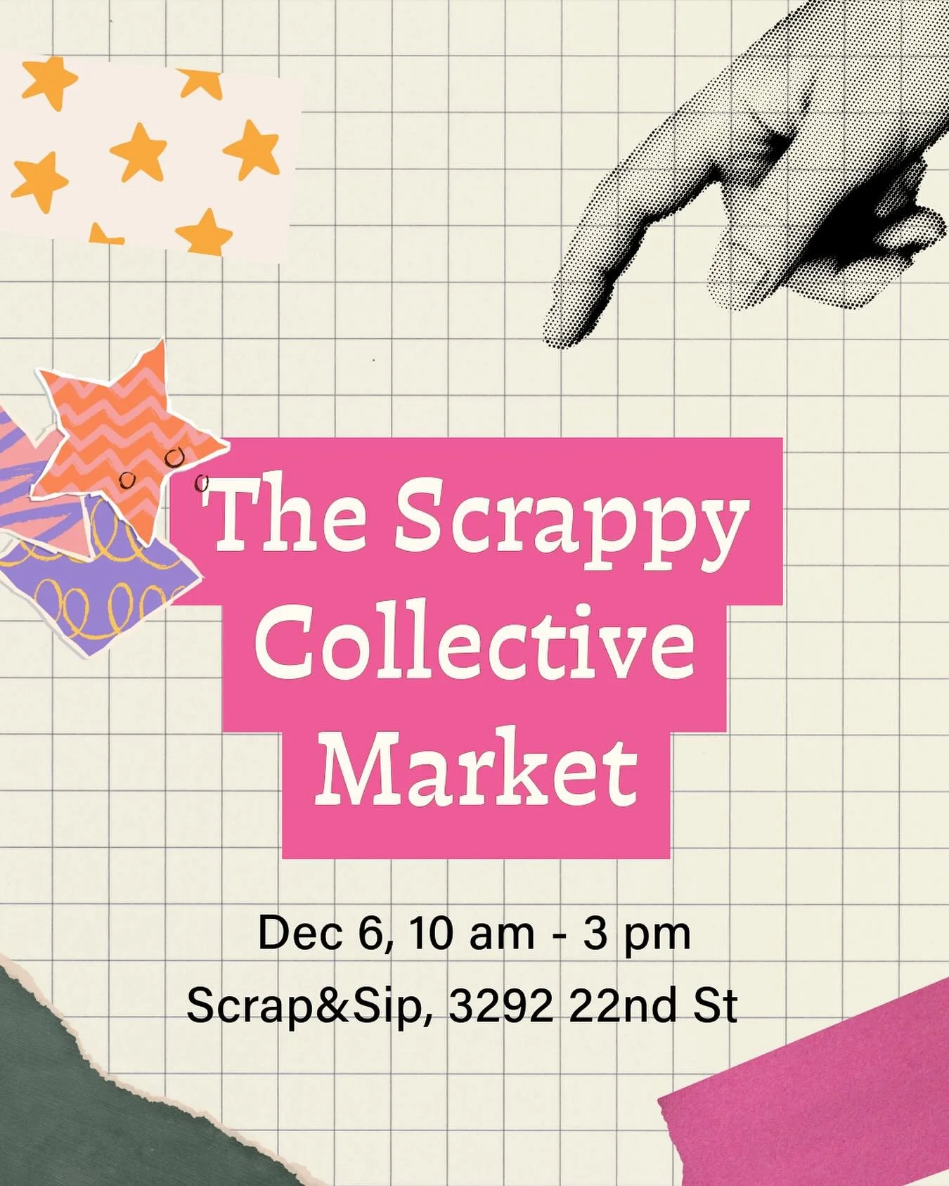 Come say hi, shop local good for the holidays, and celebrate Scrap&amp;Sip&rsquo;s anniversary at the Scrappy Collective Market this December 6th from 10am - 3pm! 

There will be 15 women-owned brands, bites + Bev&rsquo;s, workshops, and lots of item