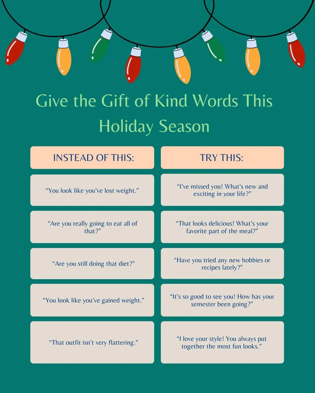 The holidays can be especially triggering for people living with eating disorders. Even small comments about food, portions, or bodies can increase anxiety and shame. Instead, choosing kind, neutral language helps create a table where everyone feels 