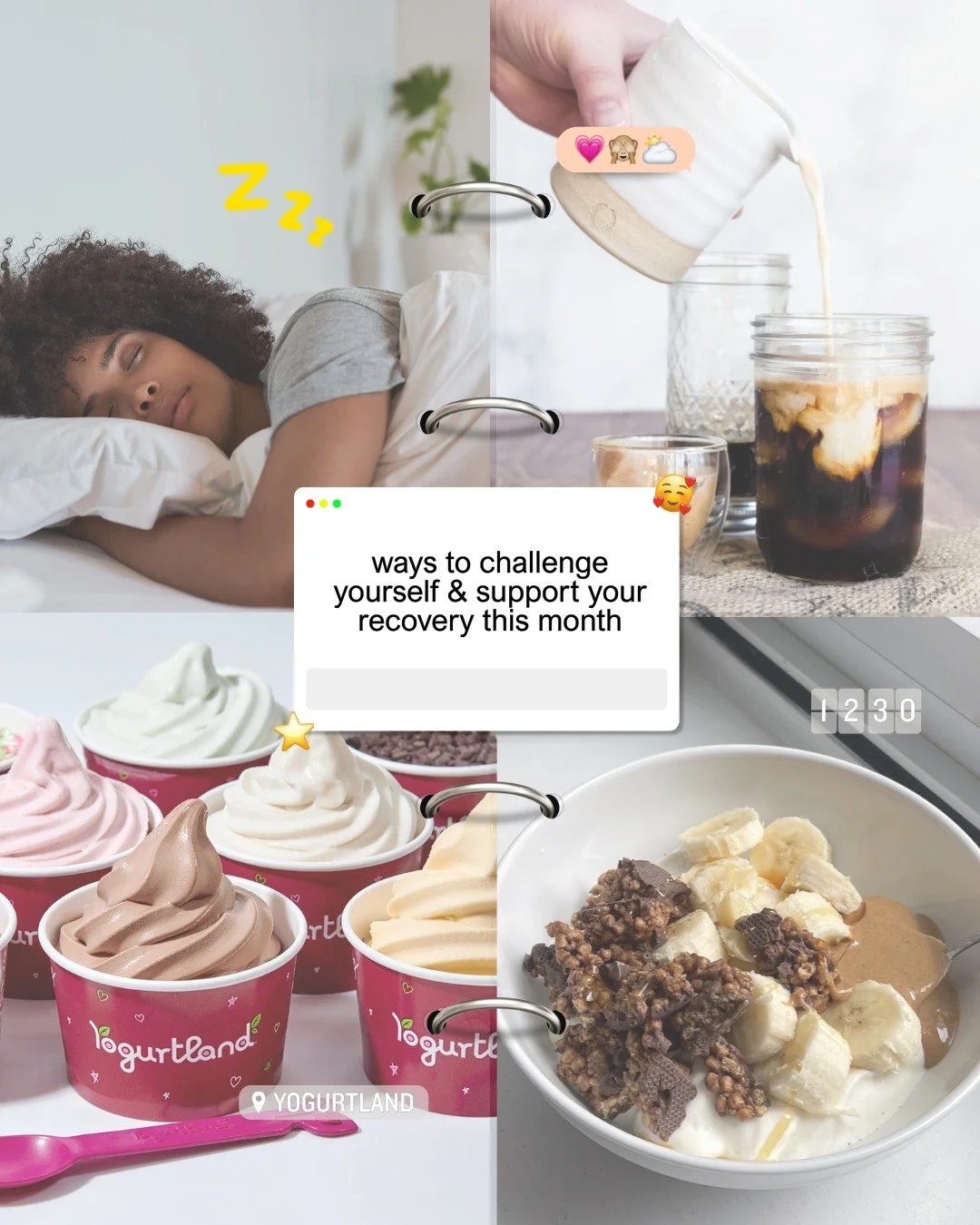 Some gentle ways to challenge yourself and support your recovery this month 🌱

Maybe it looks like adding creamer to your coffee instead of drinking it black.
Sleeping in and letting your body rest.
Getting froyo with friends without overthinking it