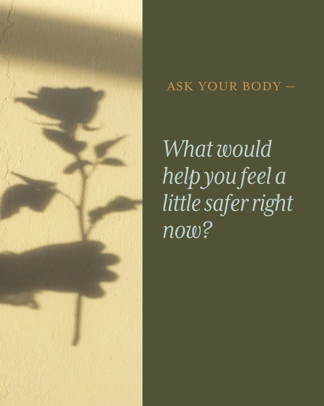 Ask your body: what does it need to feel grounded and safe?⁠
⁠
Safety signals to the nervous system that it is safe to move out of vigilance and into restoration. ⁠
⁠
Check in with your body, ask her what she needs, and then, go give her what she des