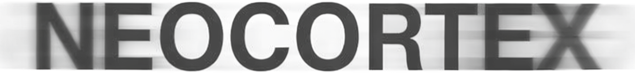 Nahaufnahme eines Plakats mit dem Wort ‚NEOCORTEX‘ in schwarzer Schrift auf weißem Hintergrund.