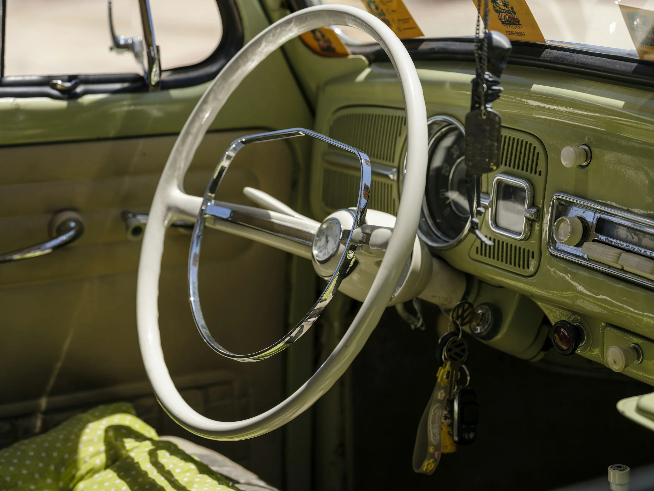Vintage steering wheel. This photo represents the ability to have an extra vehicle at your campsite at Mesquite Haven.