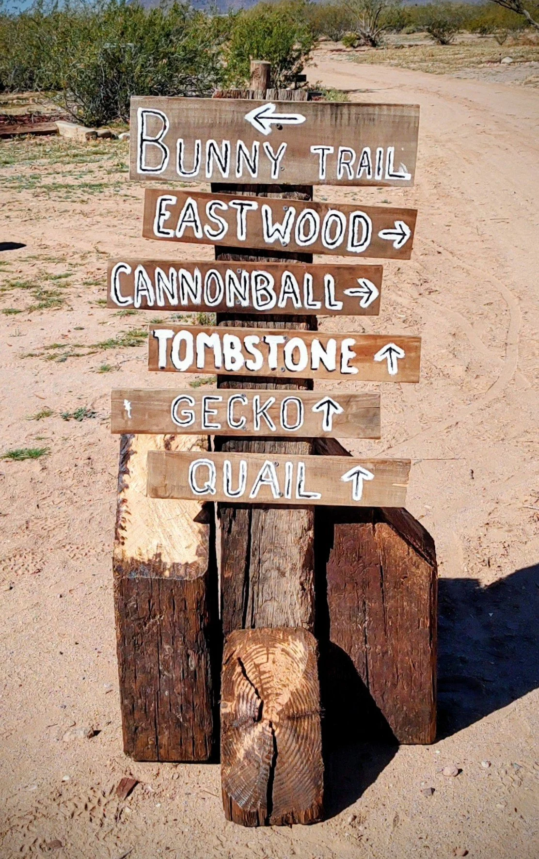 this is a wooden directional sign. several seperate peices of wood with words and arrows on them indicating differnt camp spots. there is a sandy desert ground behind the sign.