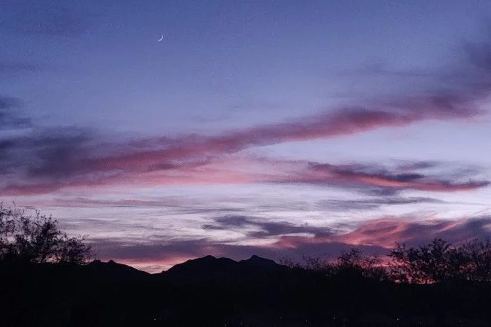 Sunset with purple pinks and blues. The moon is visible in the top left quadrant. Sunsets in the Sonoran Desert close to Saguaro National Park. 