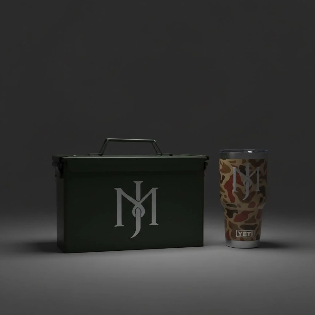 Two black insulated tumblers with custom engravings; one features a hockey player wearing jersey number 10 and the name "Gebhardt," the other has a "Saint Cloud Girls Hockey" design. A business card for "Lasehaven" is also visible.