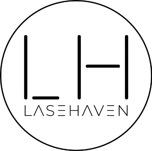 Logo with the words 'LASER AWEN' inside a circle, featuring abstract geometric shapes.