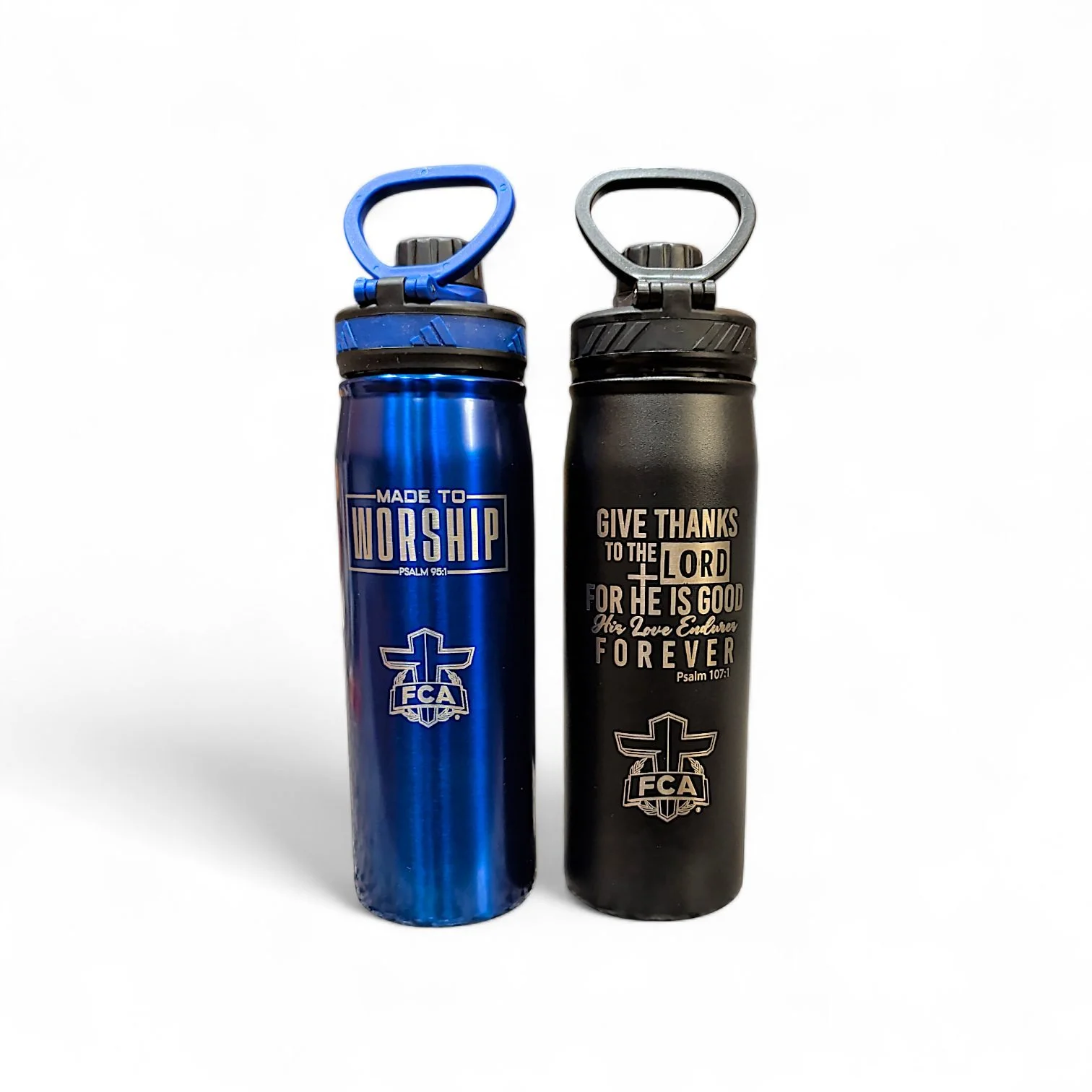 Engraved for FCA athletes who live out their faith on and off the field.

These engraved sports water bottles feature Scripture and the FCA logo&mdash;designed to encourage, hydrate, and remind athletes who they play for.

Perfect for teams, ministri