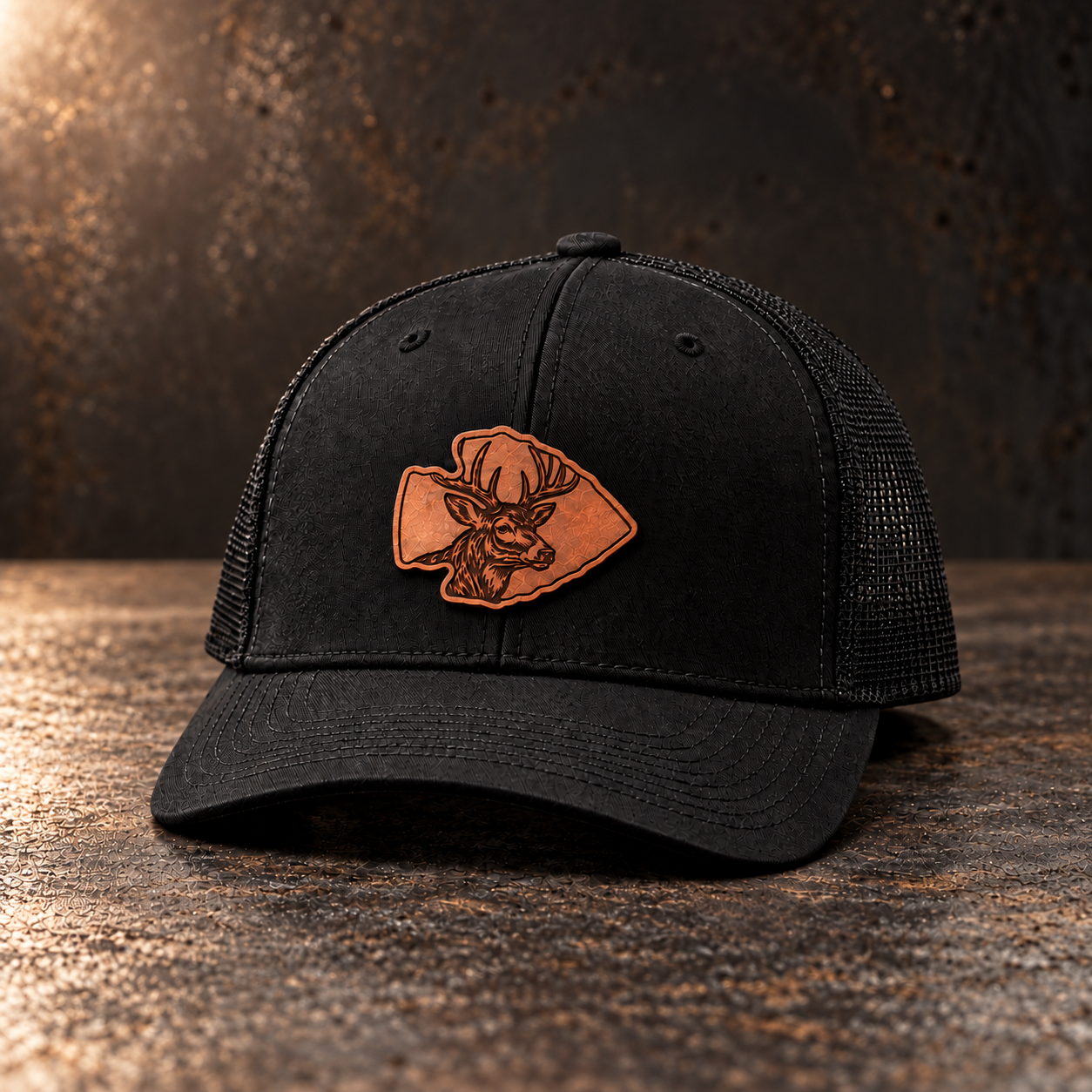 Black Trucker Hat with Buck Patch.png