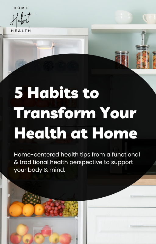 A kitchen with a refrigerator, a white shelf with jars of spices, a few white bowls, and a black overlay with white text that reads '5 Habits to Transform Your Health at Home' and a subtitle about home-centered health tips.