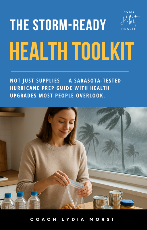 Cover page of a hurricane preparedness health toolkit by Coach Lydia Morsi showing a woman packing supplies with a stormy weather scene outside the window.