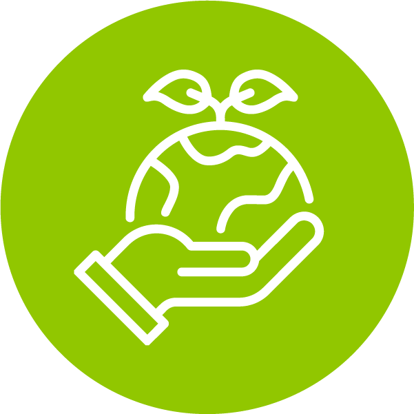 Icon of a hand holding a globe with leaves on top, representing environmental care or sustainability.