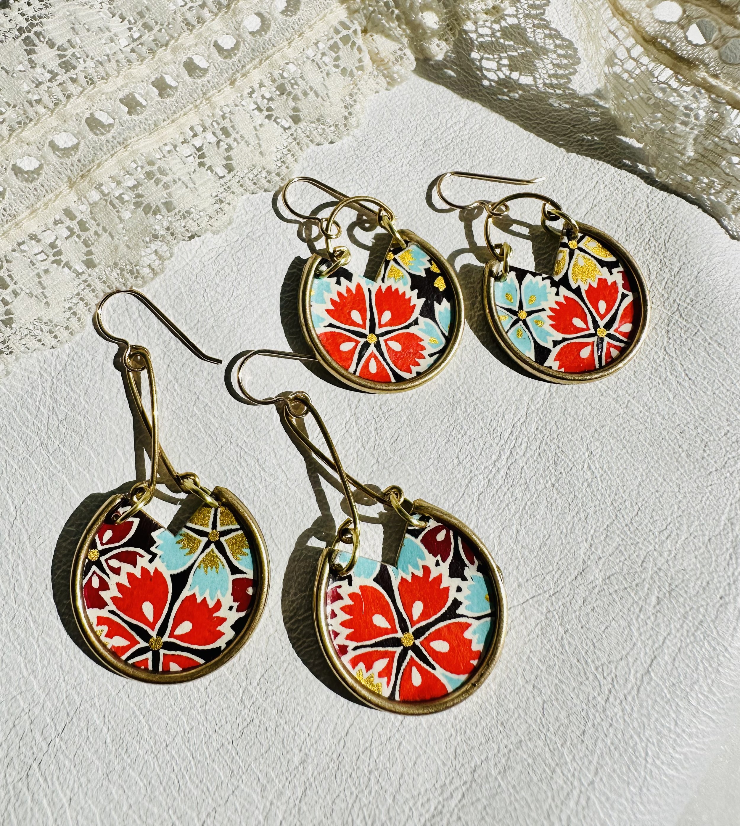 Washi Earrings-Red/Teal/Gold