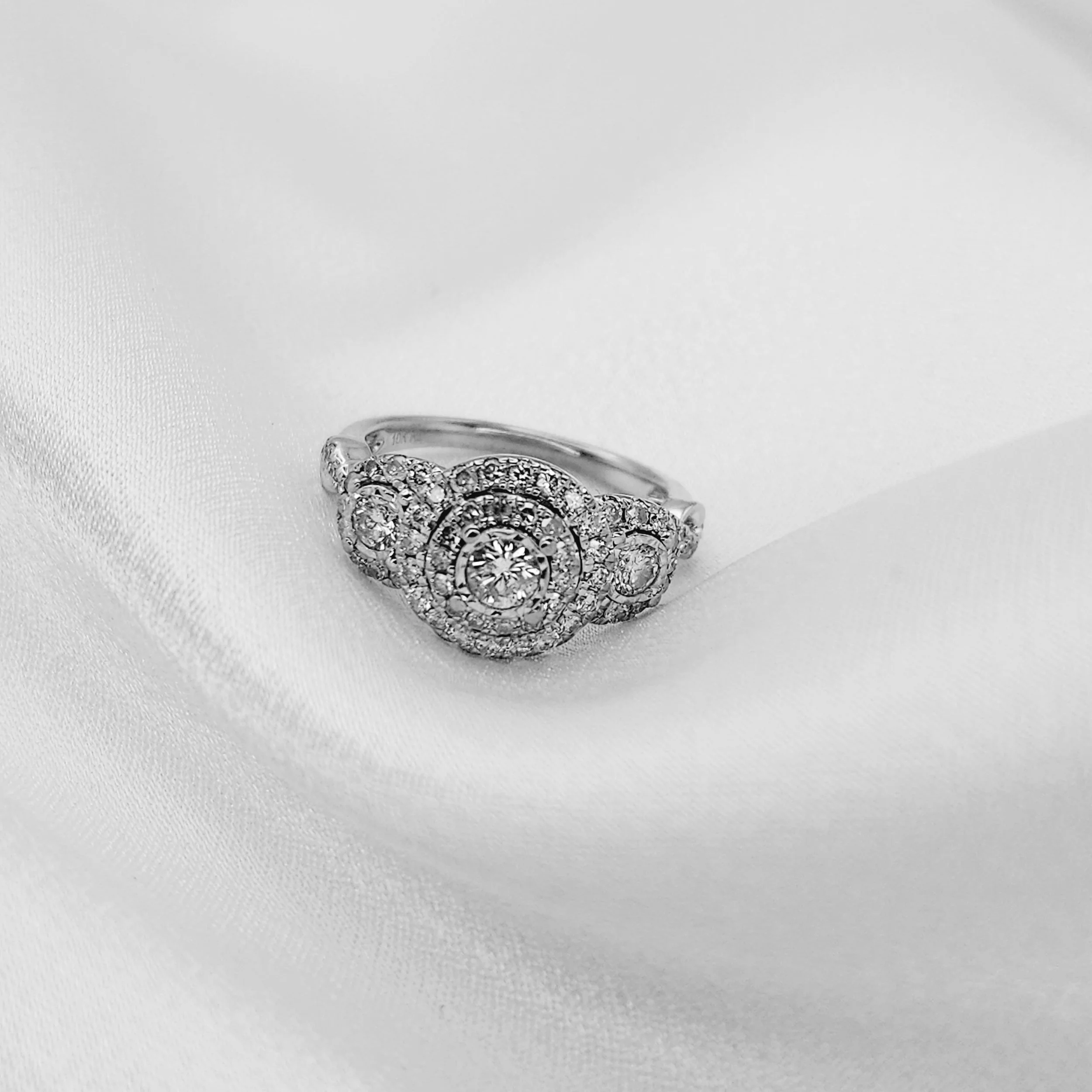 Triple Stone Frame Double Halo Engagement Ring (1.10 CWT)