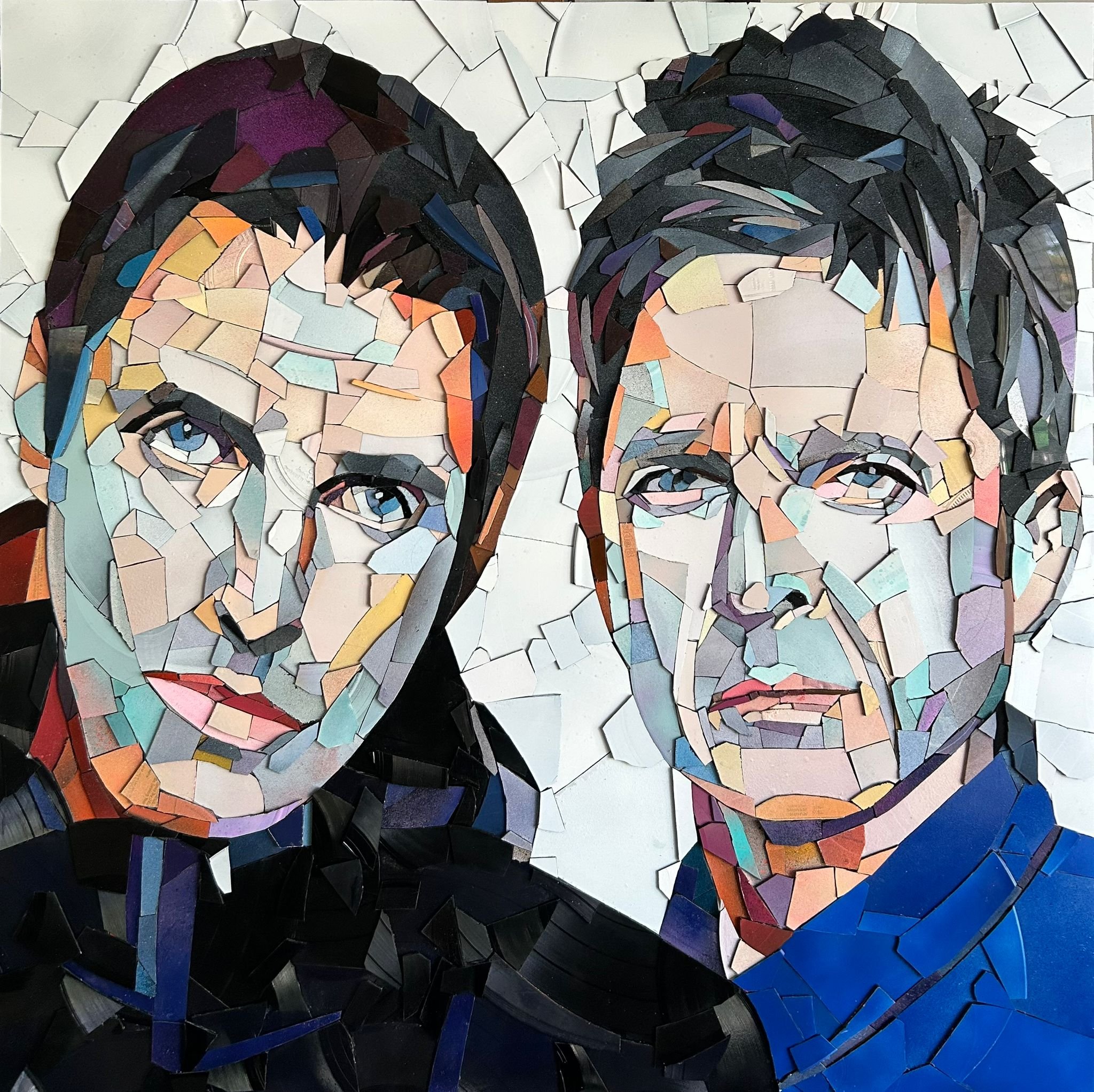 Ed Chapman, The Gallagher Brothers. Made from Hundreds of pieces of. vinyl records. . Individually applied. To produce a portrait of Liam Gallagher and Noel Gallagher. With bright, vibrant colours.