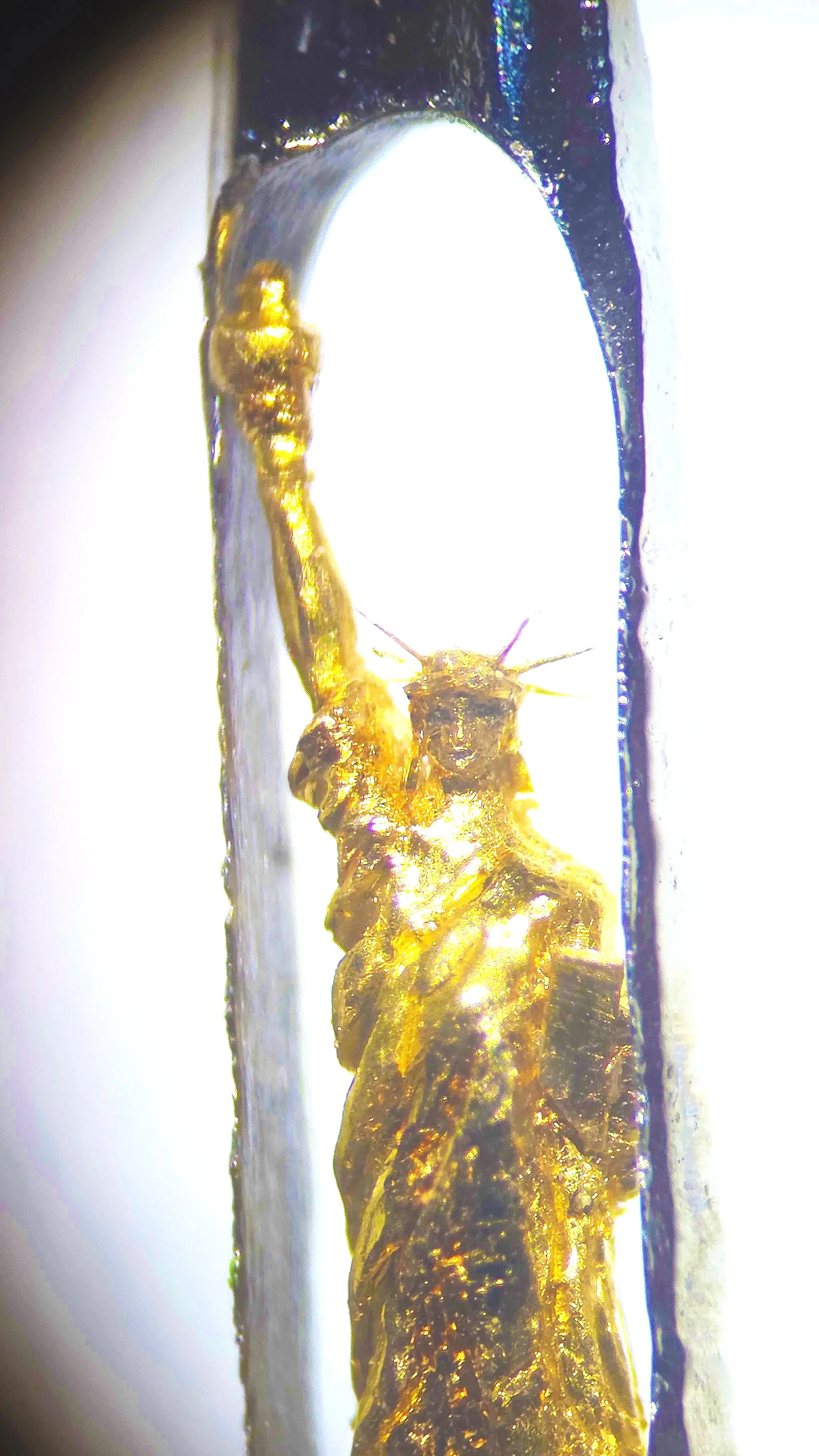 Close-up / Microscope View of the Sculpture 22 carat gold Statue of Liberty micro sculpture by Dr Willard Wigan MBE viewed through microscope, housed within the eye of a needle