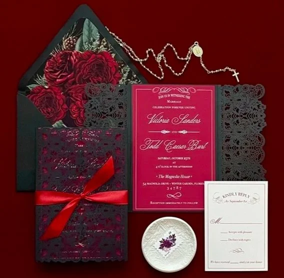 Moody Red and Black Wedding Invitation Suite| Lace Laser Cut Invite| Romantic Gothic Wedding Invitations