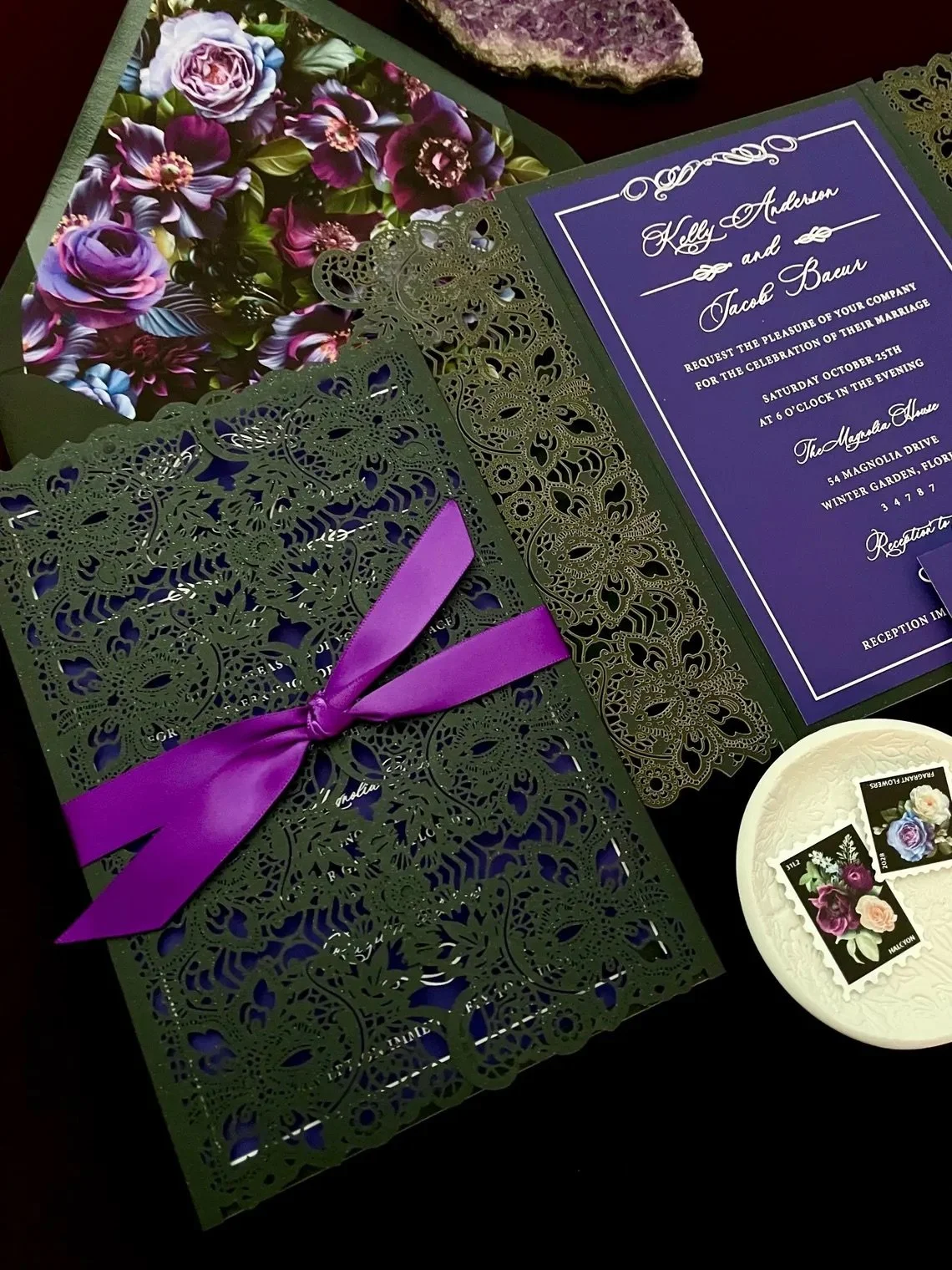 Black and Purple Gothic Wedding Invitation, Dark Romantic Wedding Invitation Suite