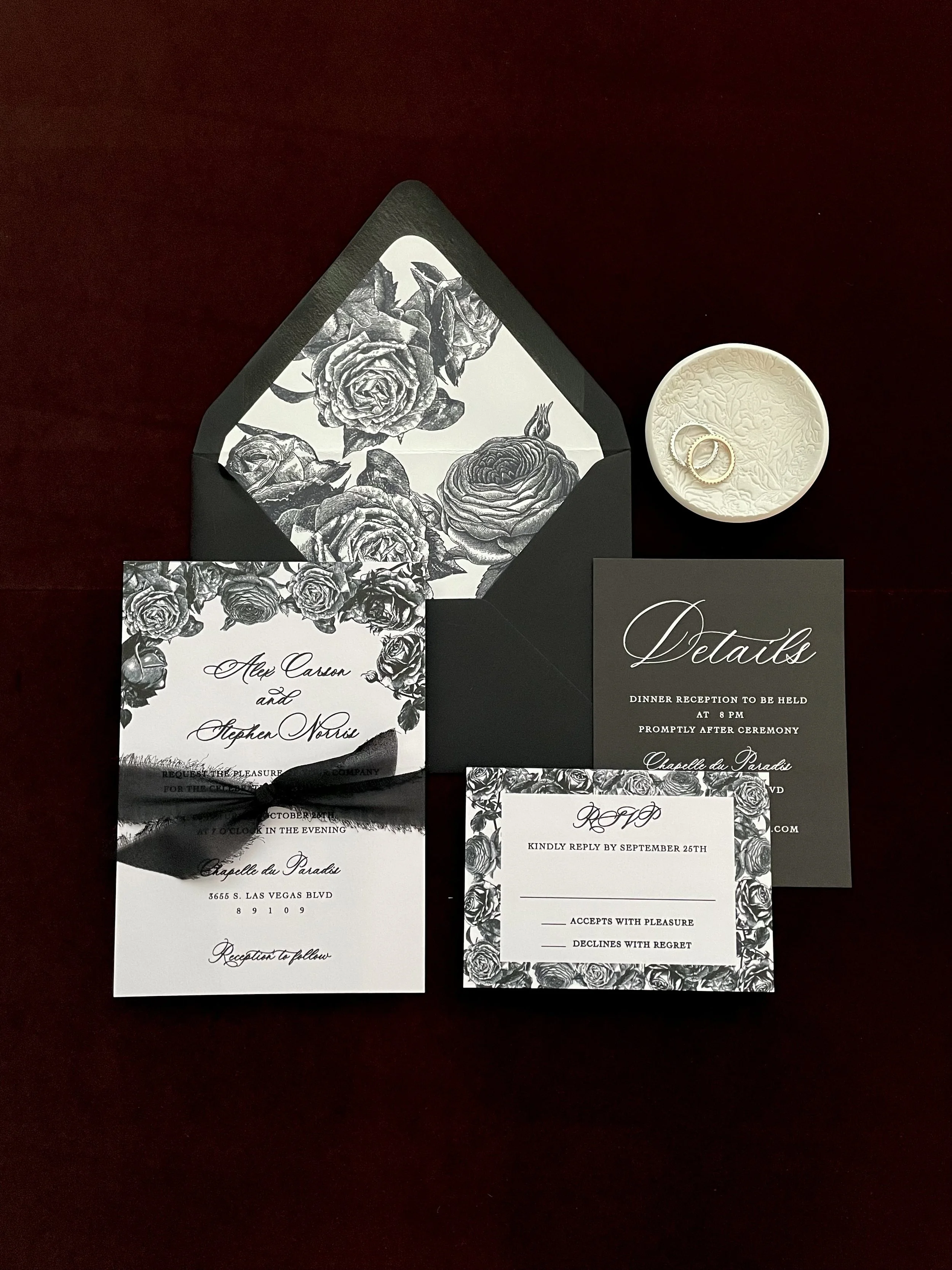 Black and White Rose Wedding Invitation | Calligraphy Style Gothic Floral Design with Black Roses Envelope Liner | Printed Wedding Invitation Suite
