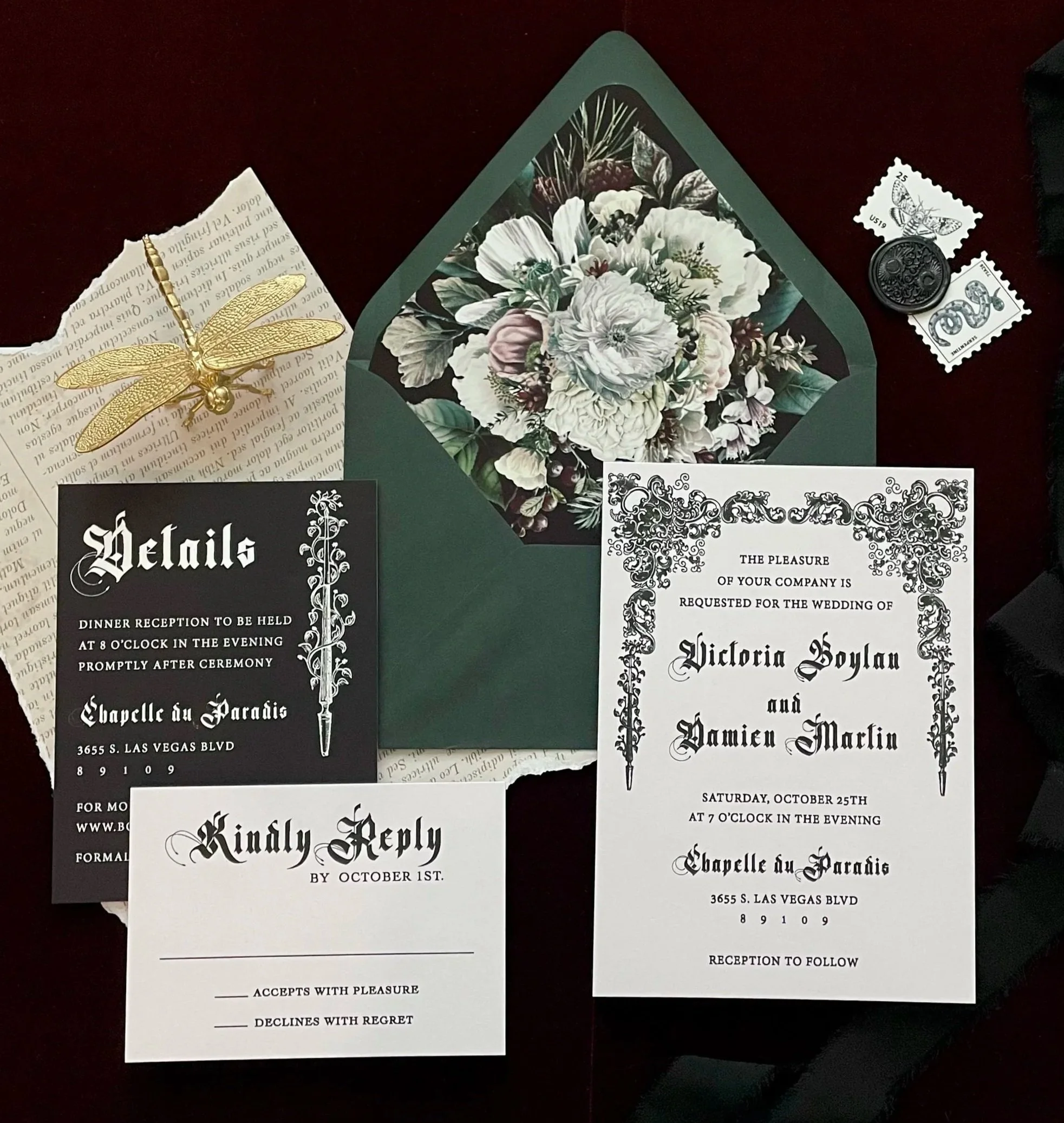 Vintage Gothic Wedding Invitation | Black Forest Floral Dark Romantic Wedding Invite Suite | Antique Botanical Style Printed Invitations