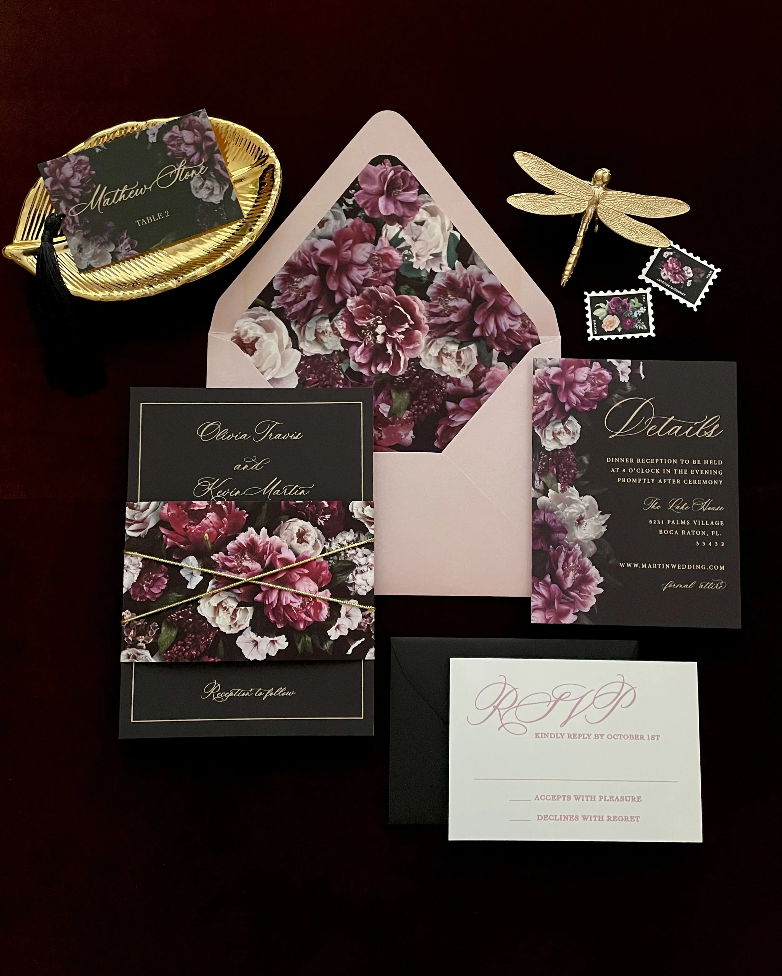 Black and Blush Pink Moody Floral Wedding Invitation | Peony Dutch Floral Belly Band | Gold Twine Wrapped Invitation | Blush Pink Envelope Suite