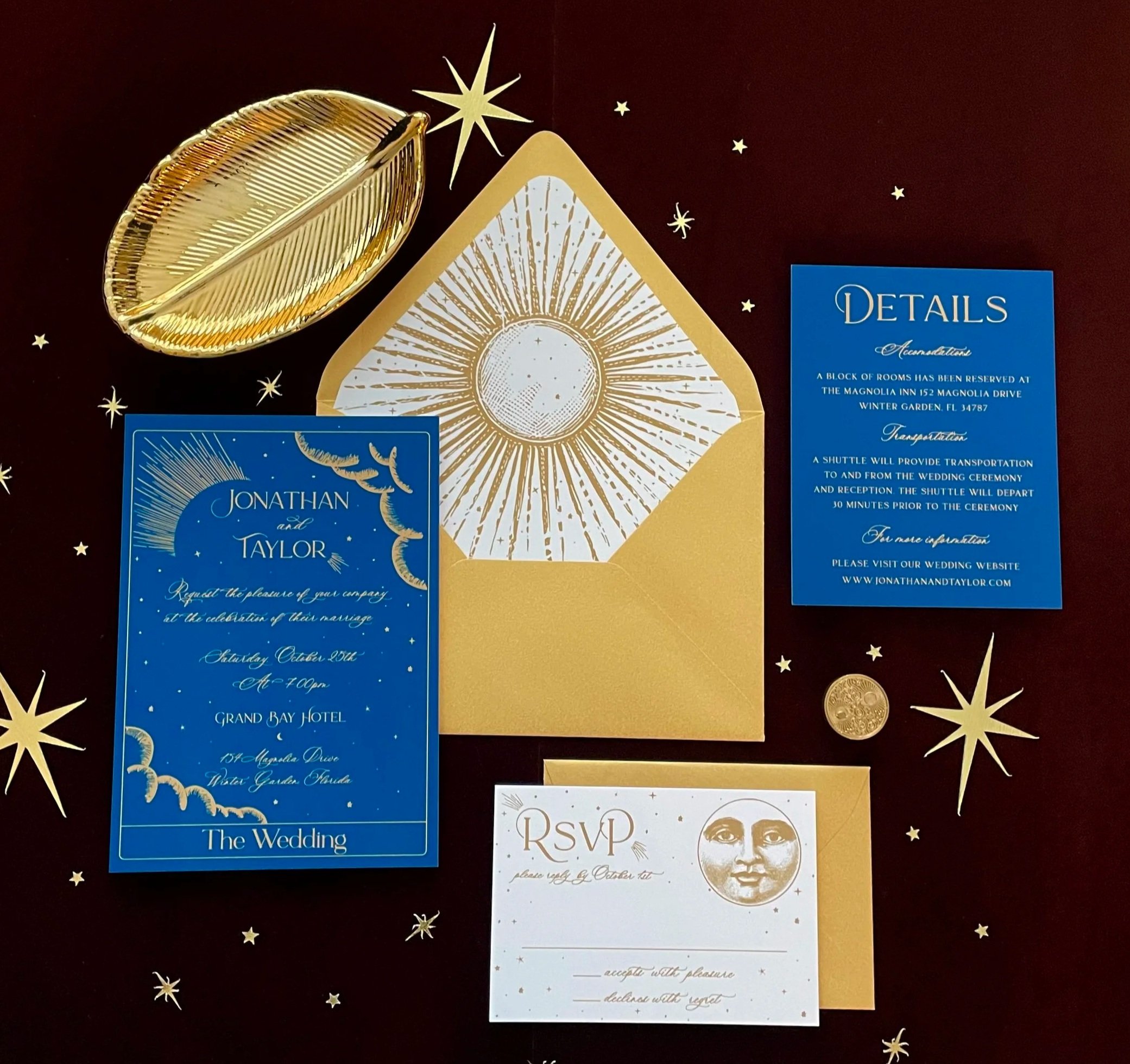 Navy and Gold Celestial Wedding Invitation | Tarot Card Style Invitation | Starry Night Moon Sun | Vintage Astrology Wedding Suite