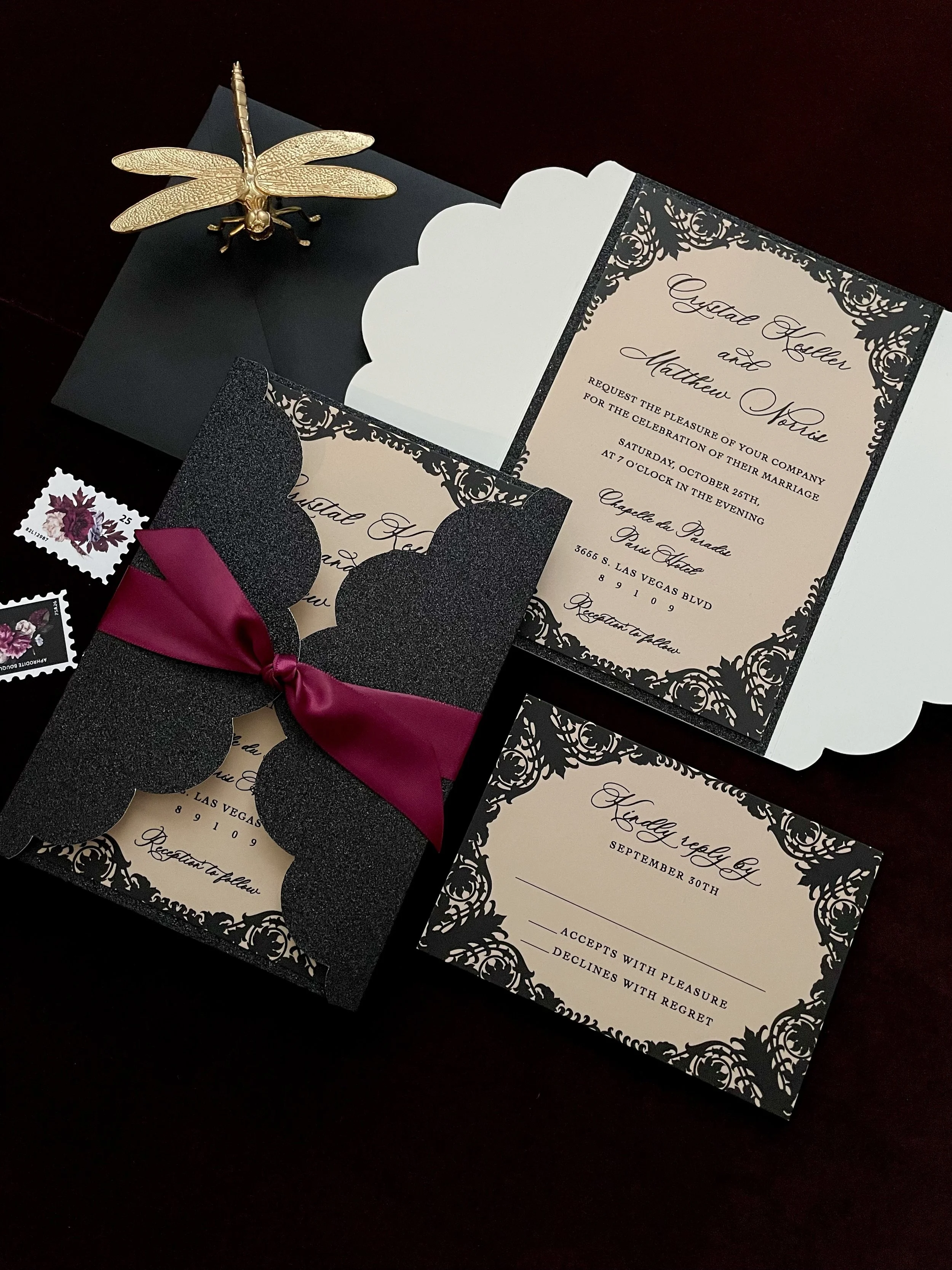 Black and Burgundy Wedding Invitation Suite| Elegant Lace Pocketfold Invite| Luxury Formal Wedding Invitations